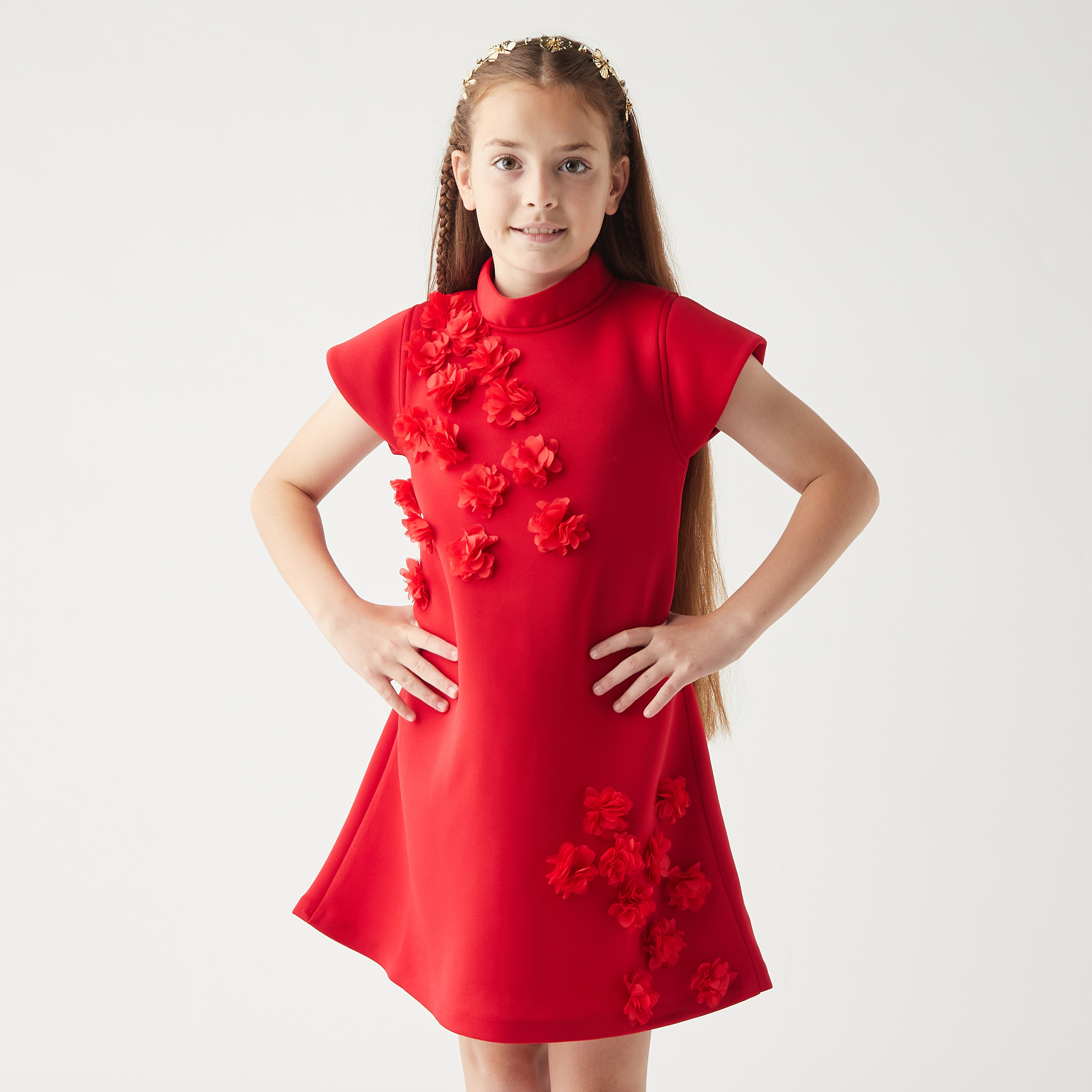 فستان بتزيينات زهرية وأكمام كاب وياقة عالية وسحّاب إغلاق من ليتل جولدن أبل-girls-clothing-dressesandjumpsuits-image-1