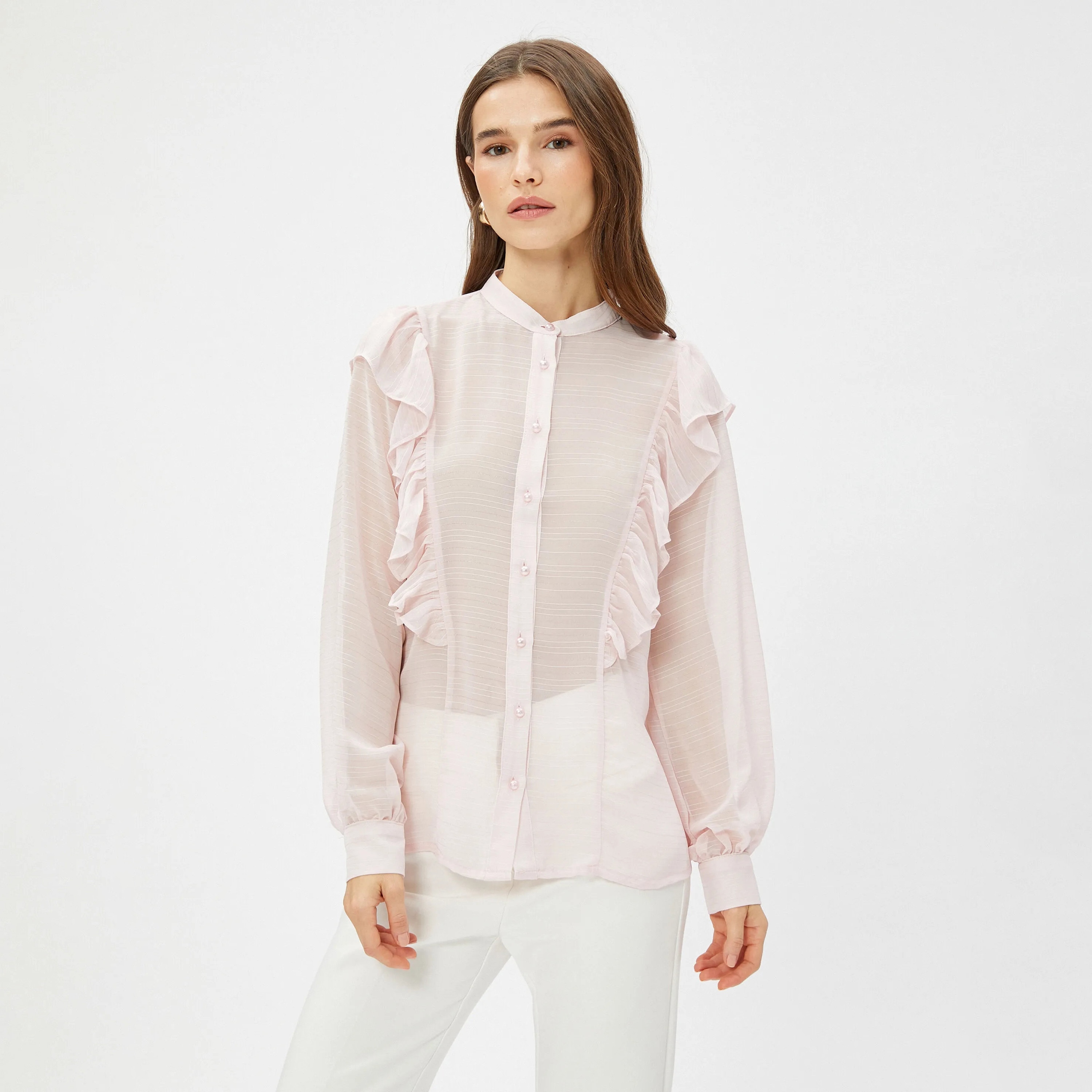 KOTON Pink Ruffled Mandarin Collar Women's Top-women-clothing-plussize-shirtsandblouses-blouses-image-1