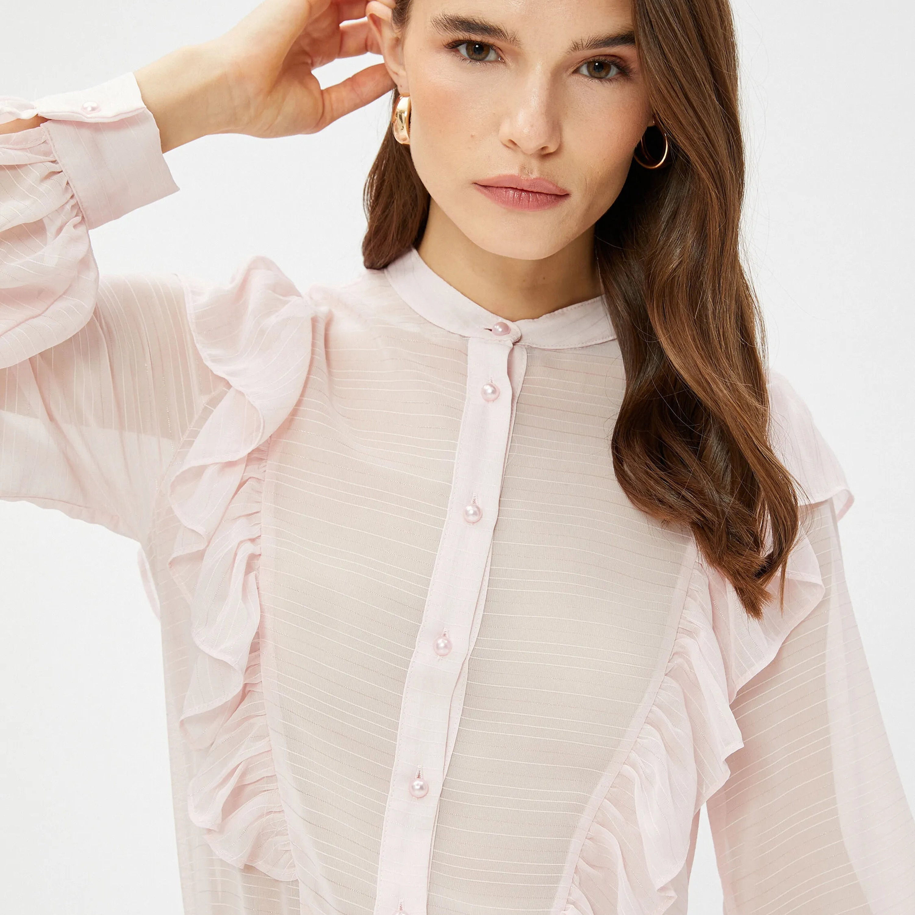 KOTON Pink Ruffled Mandarin Collar Women's Top-women-clothing-plussize-shirtsandblouses-blouses-image-4