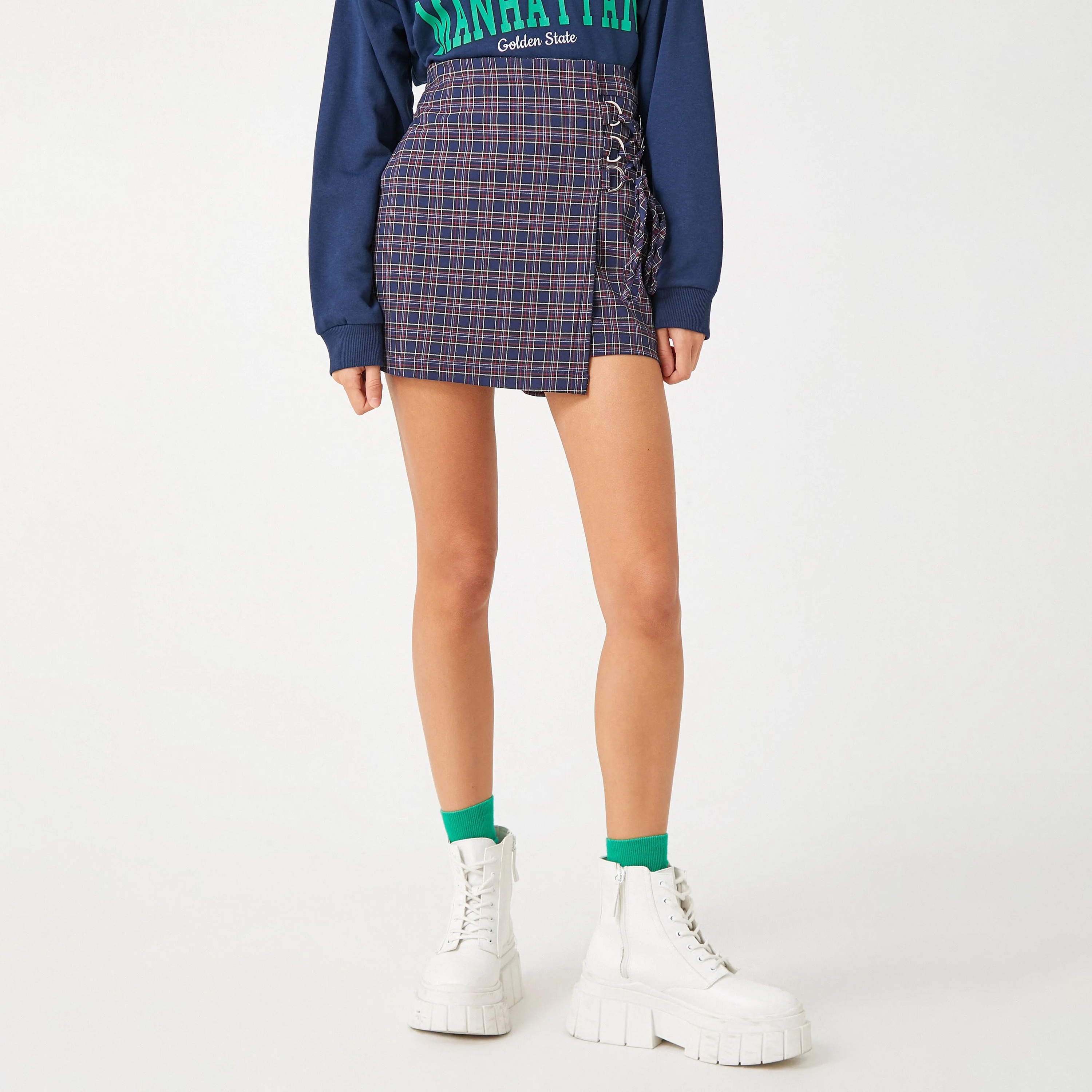 KOTON Navy Checked Women's Mini Skorts-women-clothing-skirts-image-1