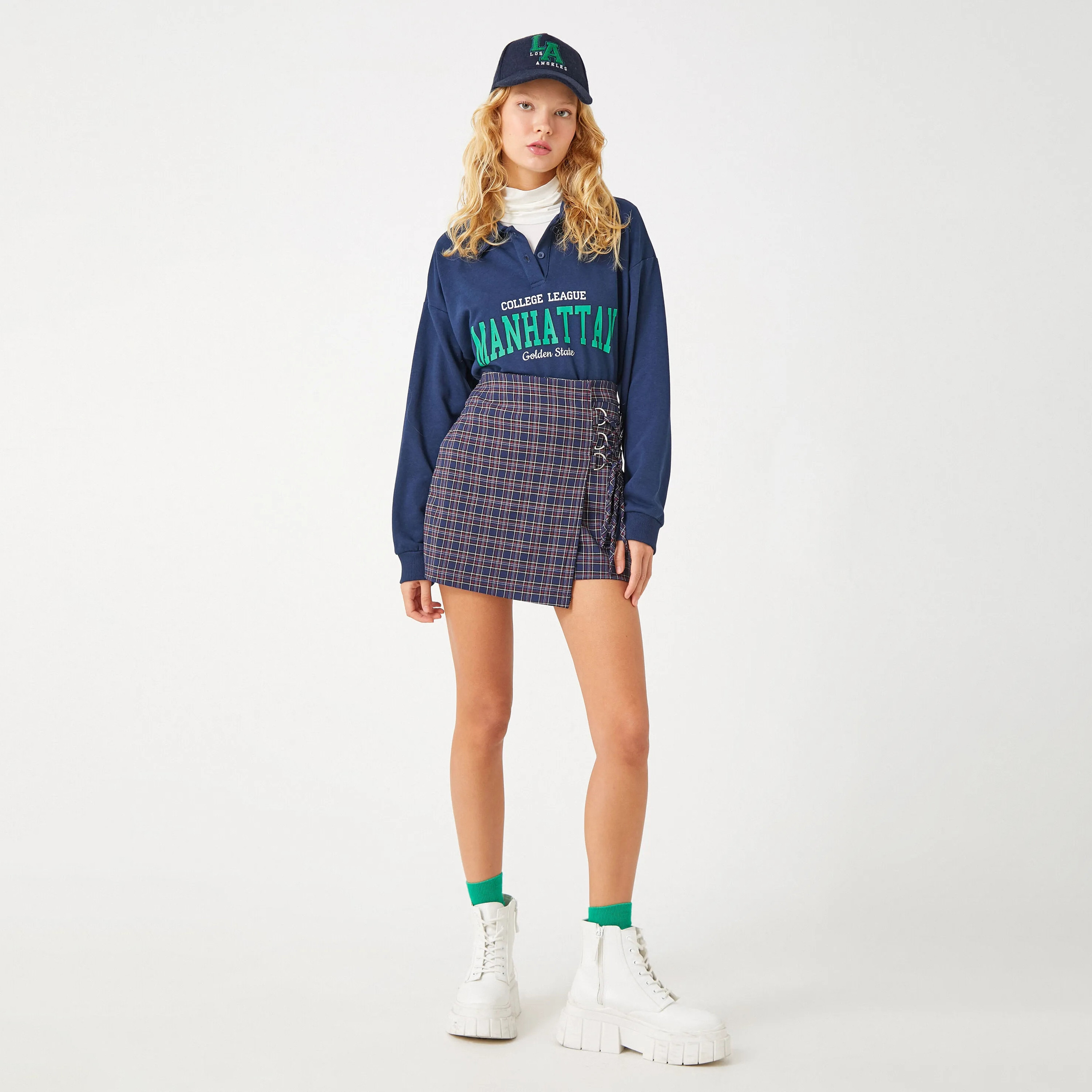 KOTON Navy Checked Women's Mini Skorts-women-clothing-skirts-image-2