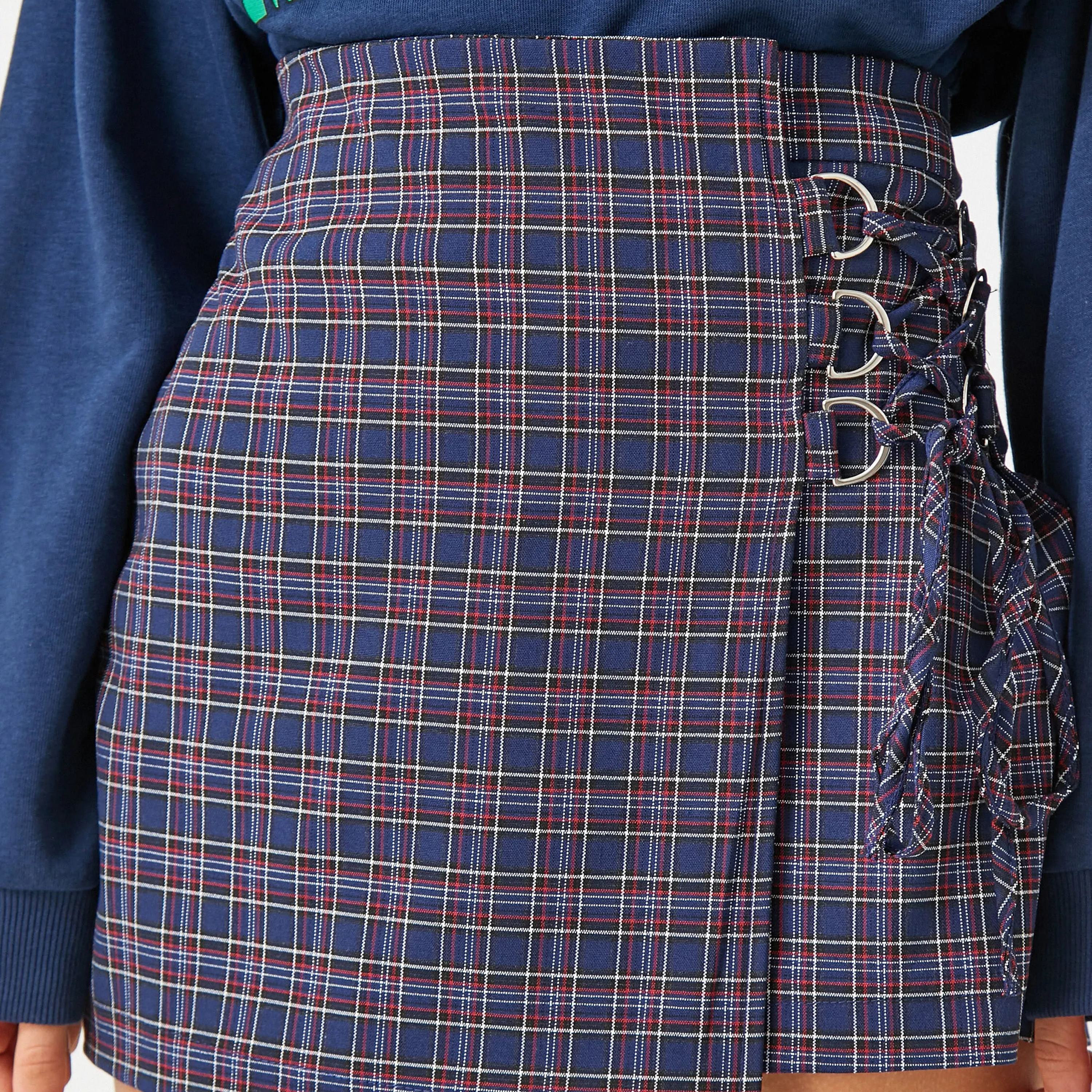 KOTON Navy Checked Women's Mini Skorts-women-clothing-skirts-image-4