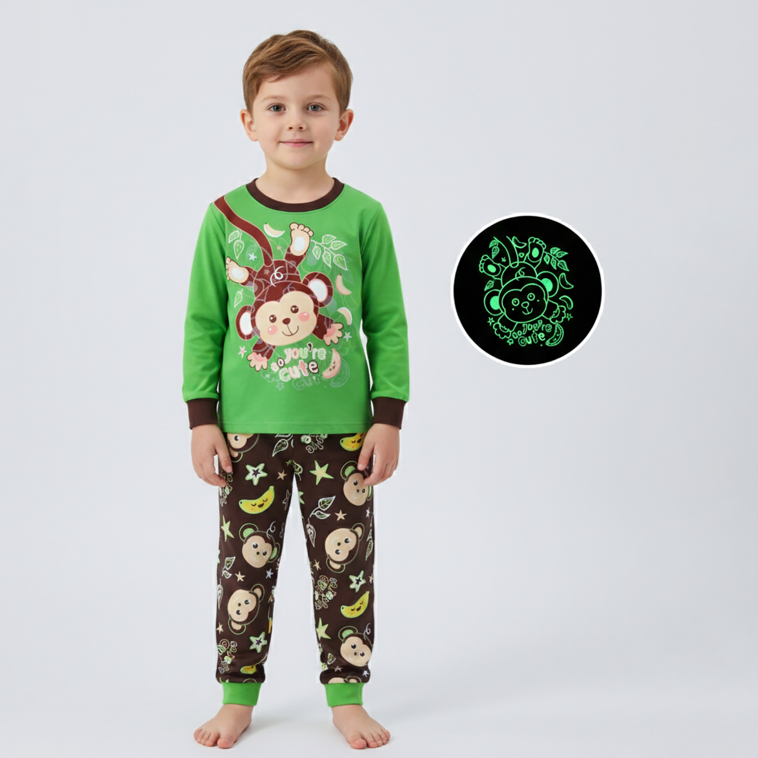 طقم تيشيرت قطن "جلو" يضيء في الظلام بأكمام طويلة وطبعة قرد مع بيجامة من بيبي كلو-baby-boys-clothing-nightwear-pyjamasets-image-1
