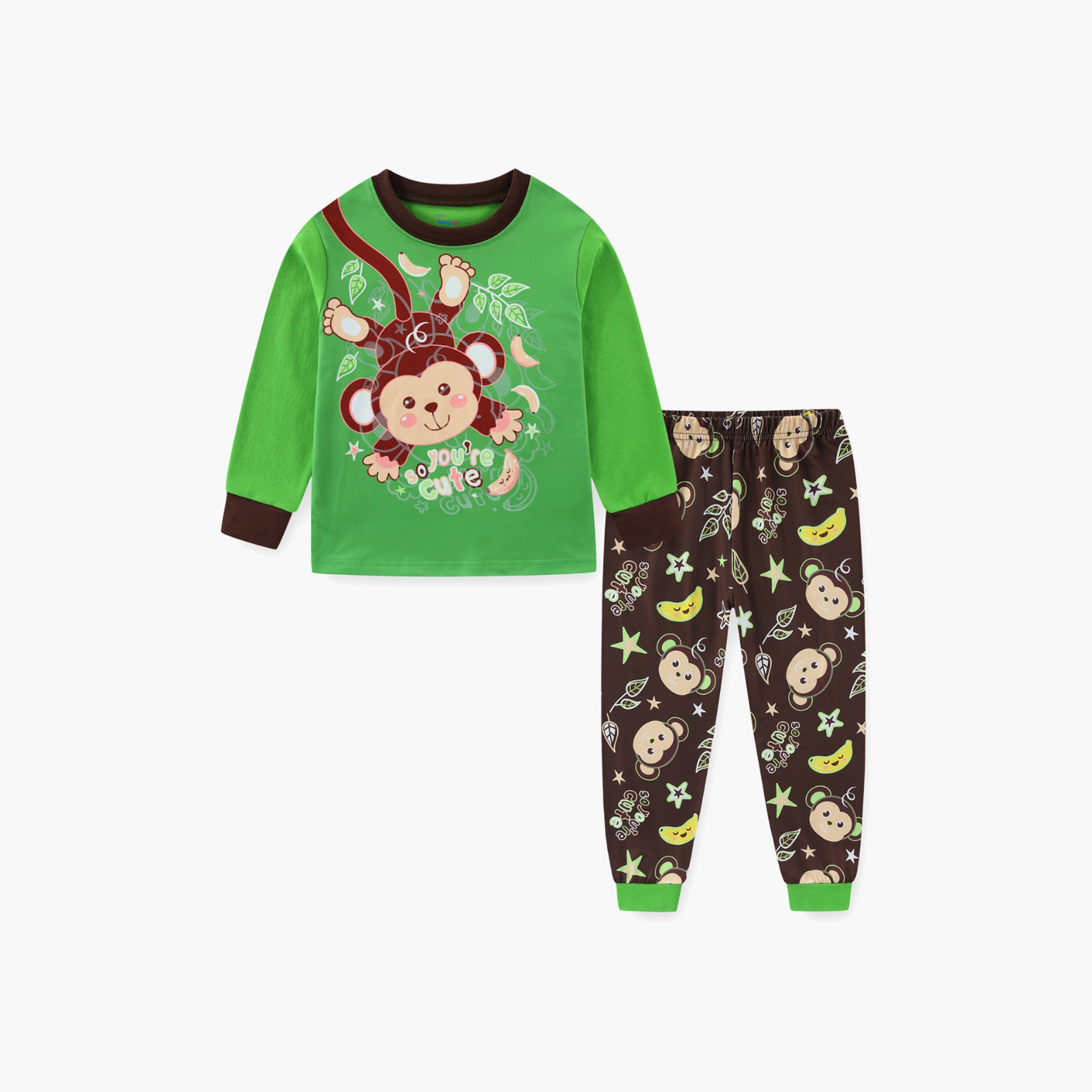 Babyqlo Cotton Monkey Printed Long Sleeves Glow T-Shirt & Pyjamas Set-baby-boys-clothing-nightwear-pyjamasets-image-2