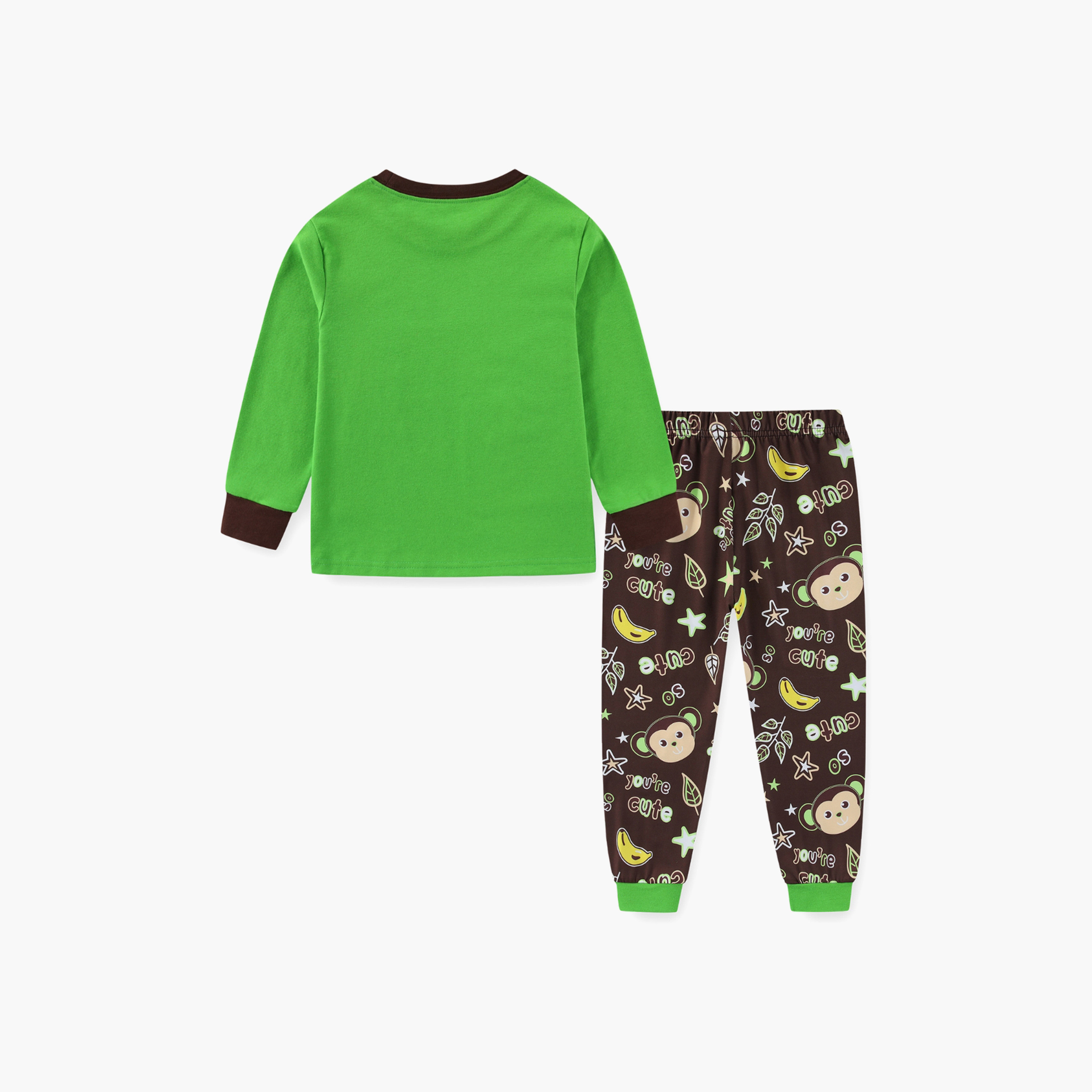 Babyqlo Cotton Monkey Printed Long Sleeves Glow T-Shirt & Pyjamas Set-baby-boys-clothing-nightwear-pyjamasets-image-3