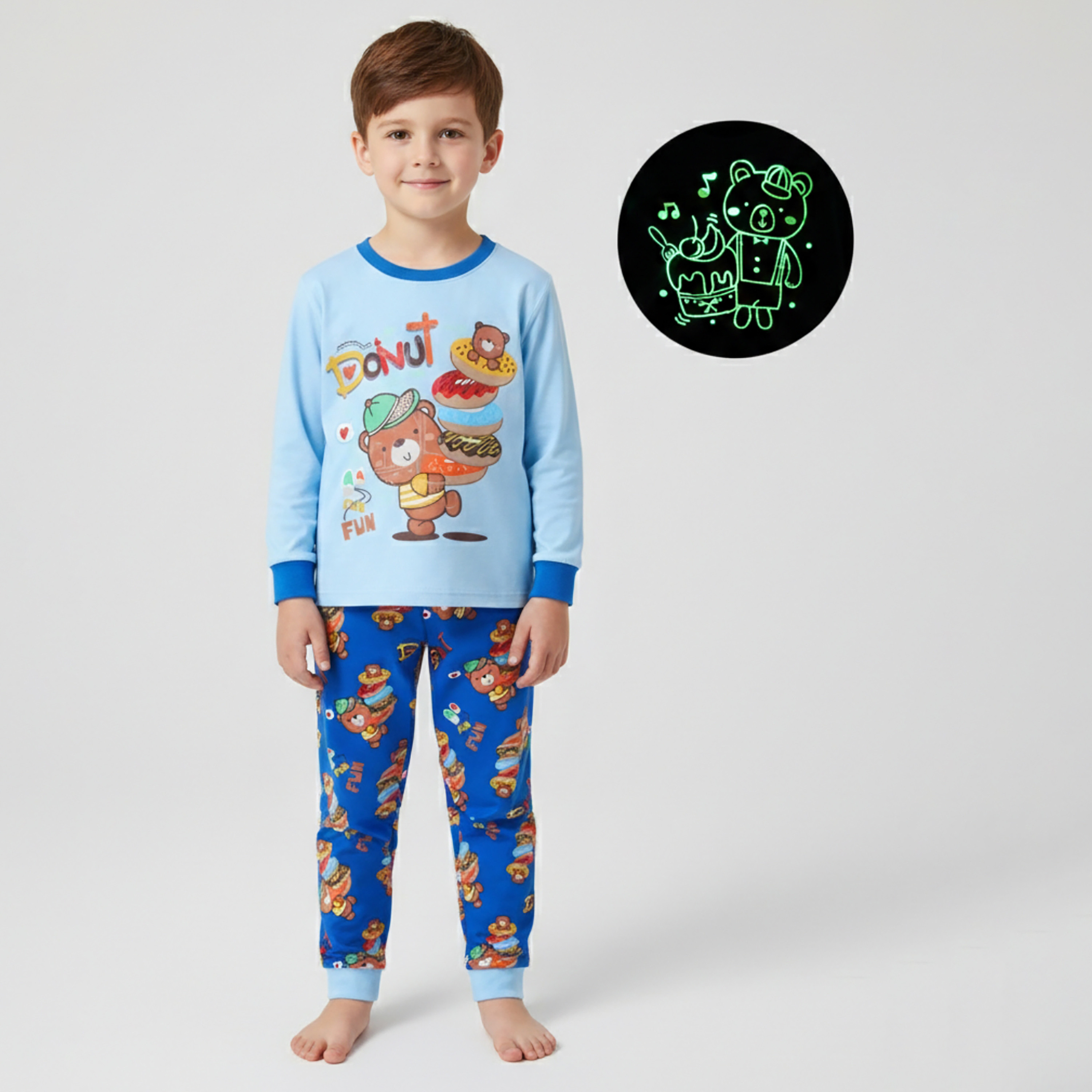 Babyqlo Cotton Donut Bear Printed Long Sleeves Glow T-Shirt & Pyjamas Set-baby-boys-clothing-nightwear-pyjamasets-image-1