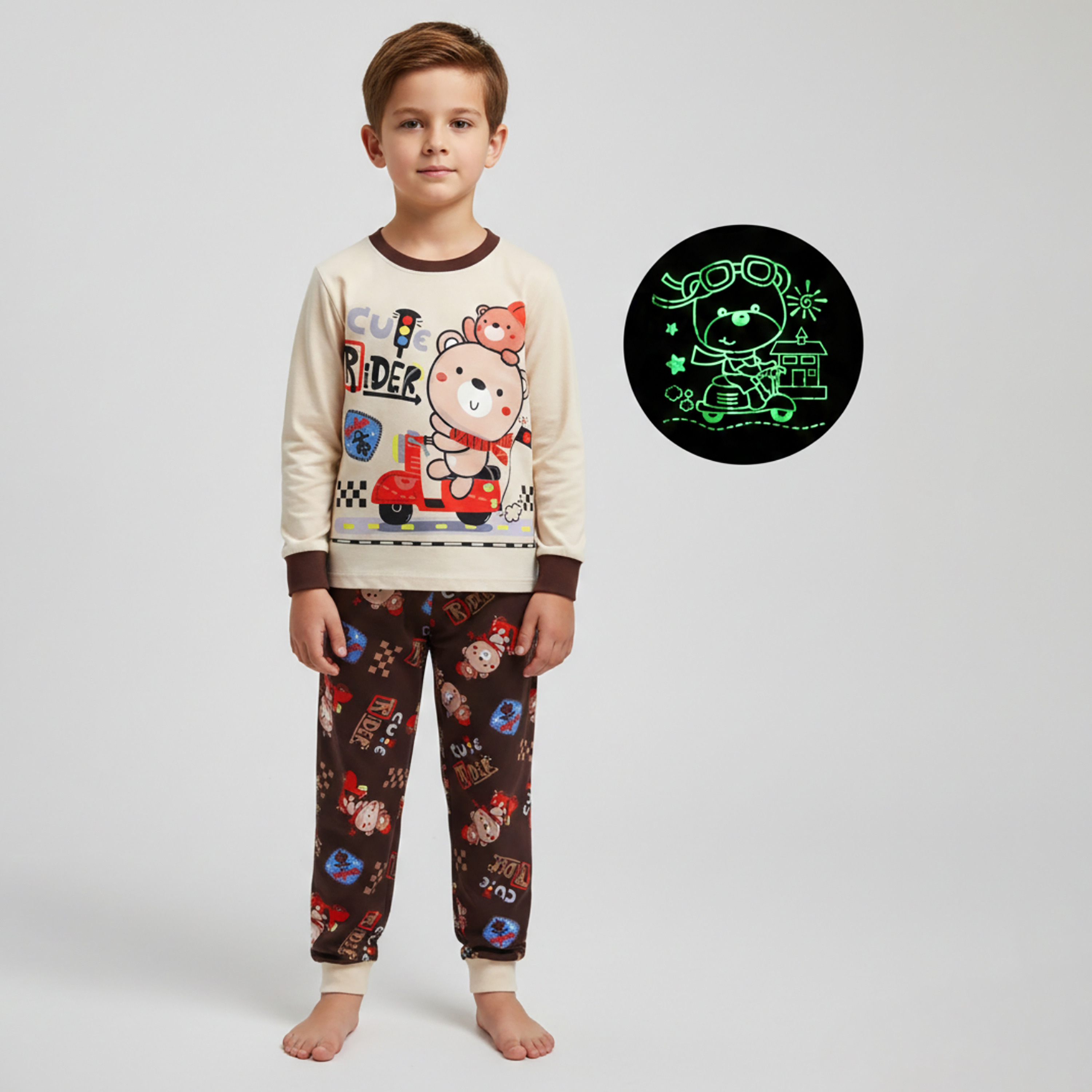 Babyqlo Cotton Cute Rider Bear Printed Long Sleeves Glow T-Shirt & Pyjamas Set-baby-boys-clothing-nightwear-pyjamasets-image-1