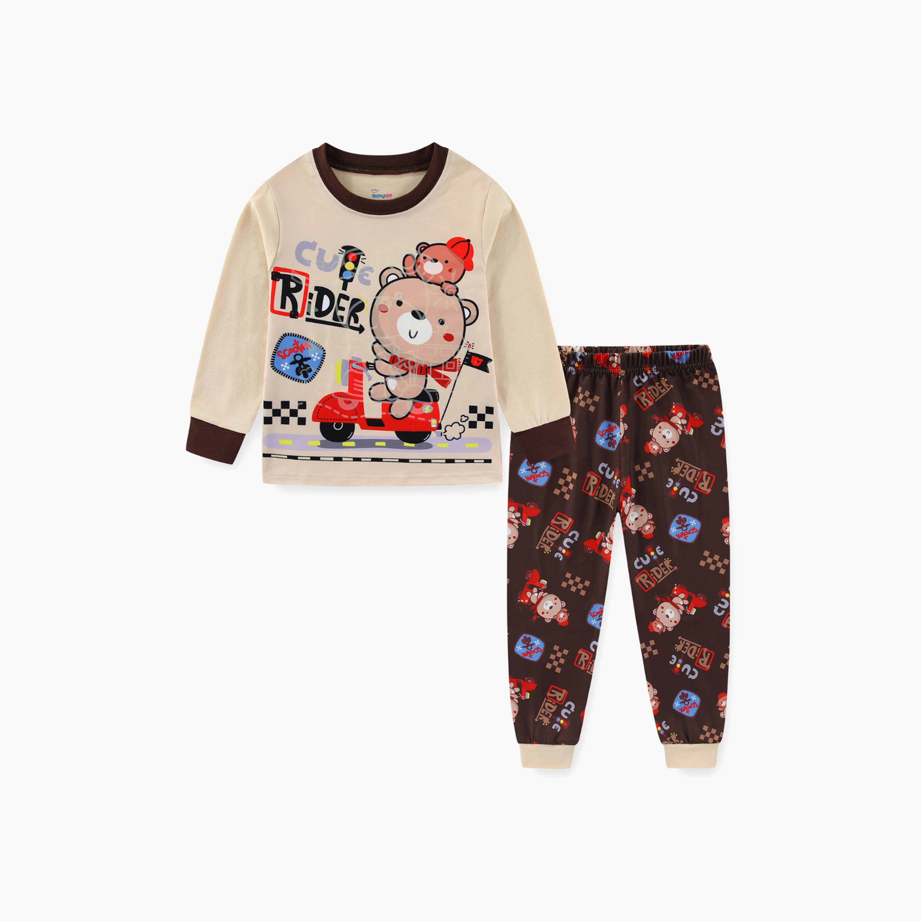 Babyqlo Cotton Cute Rider Bear Printed Long Sleeves Glow T-Shirt & Pyjamas Set-baby-boys-clothing-nightwear-pyjamasets-image-2