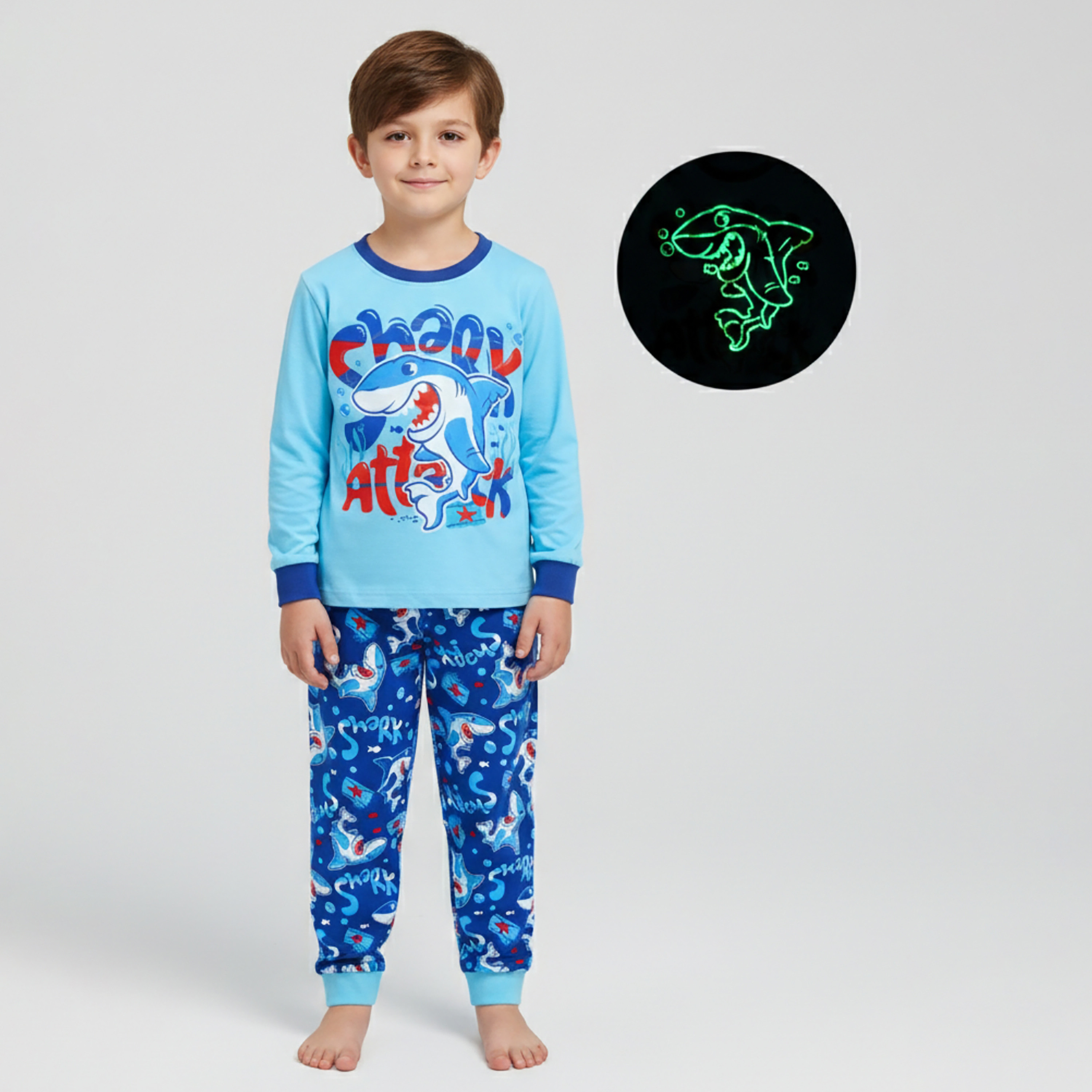 Babyqlo Cotton Shark Attack Printed Long Sleeves Glow T-Shirt & Pyjamas Set-baby-boys-clothing-nightwear-pyjamasets-image-1
