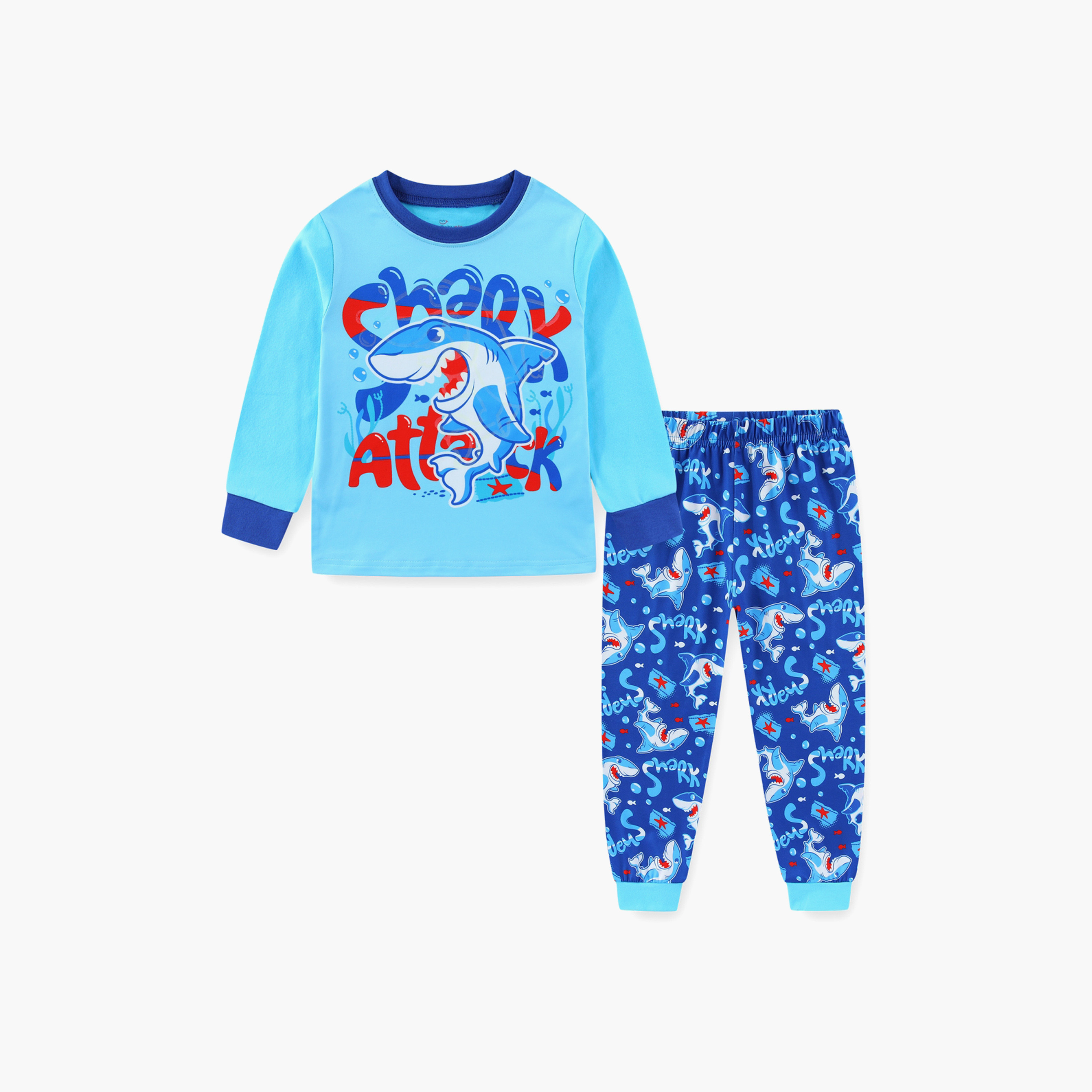 Babyqlo Cotton Shark Attack Printed Long Sleeves Glow T-Shirt & Pyjamas Set-baby-boys-clothing-nightwear-pyjamasets-image-2