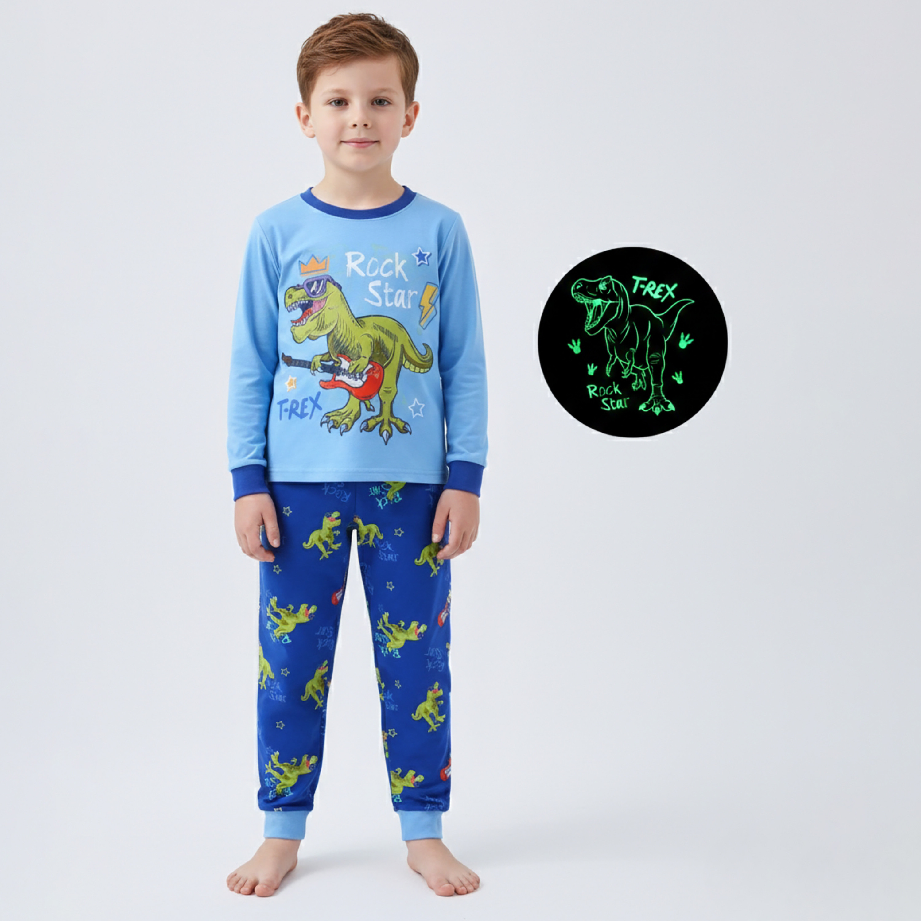 Babyqlo Cotton Rock Star Dino Printed Long Sleeves Glow T-Shirt & Pyjamas Set-baby-boys-clothing-nightwear-pyjamasets-image-1