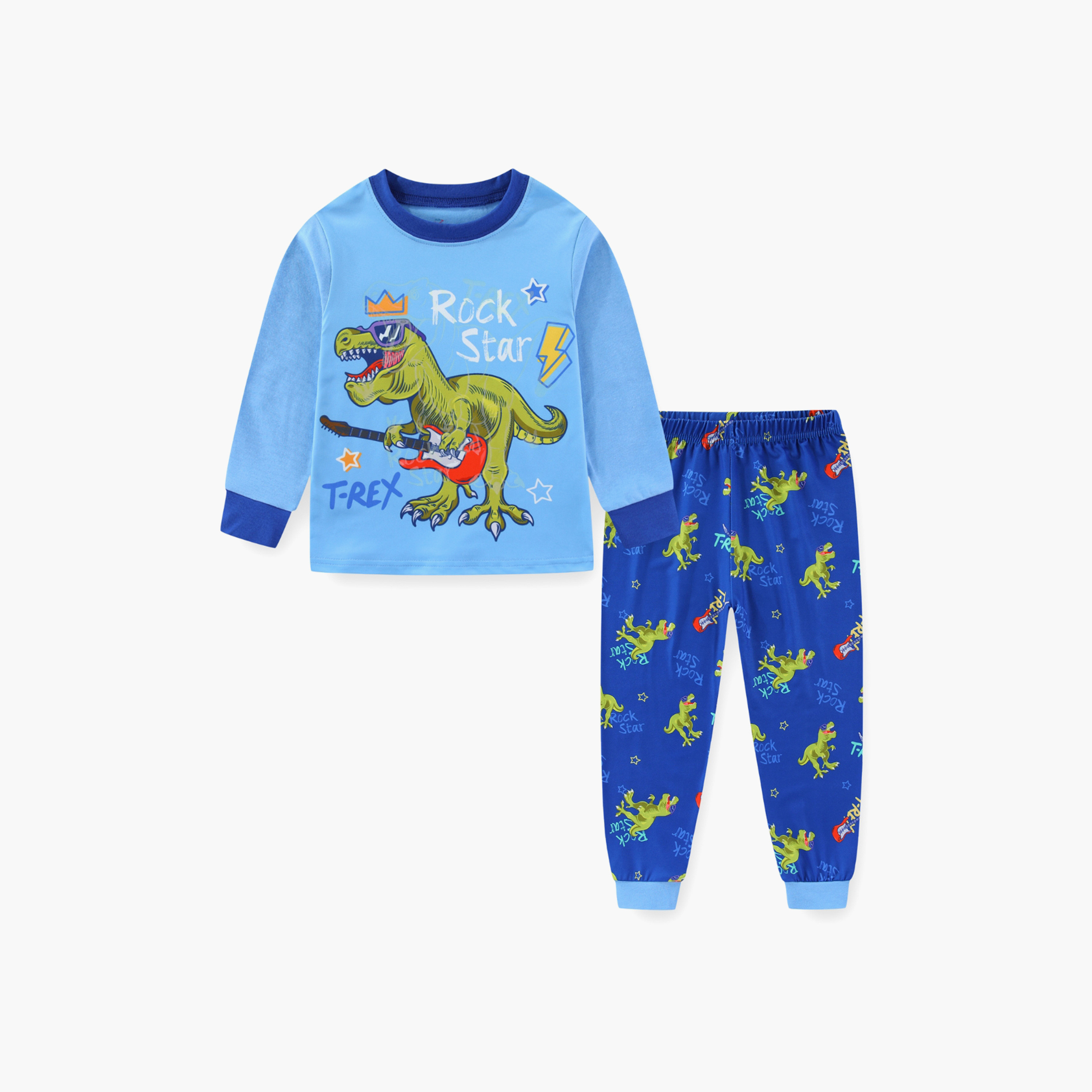 Babyqlo Cotton Rock Star Dino Printed Long Sleeves Glow T-Shirt & Pyjamas Set-baby-boys-clothing-nightwear-pyjamasets-image-2