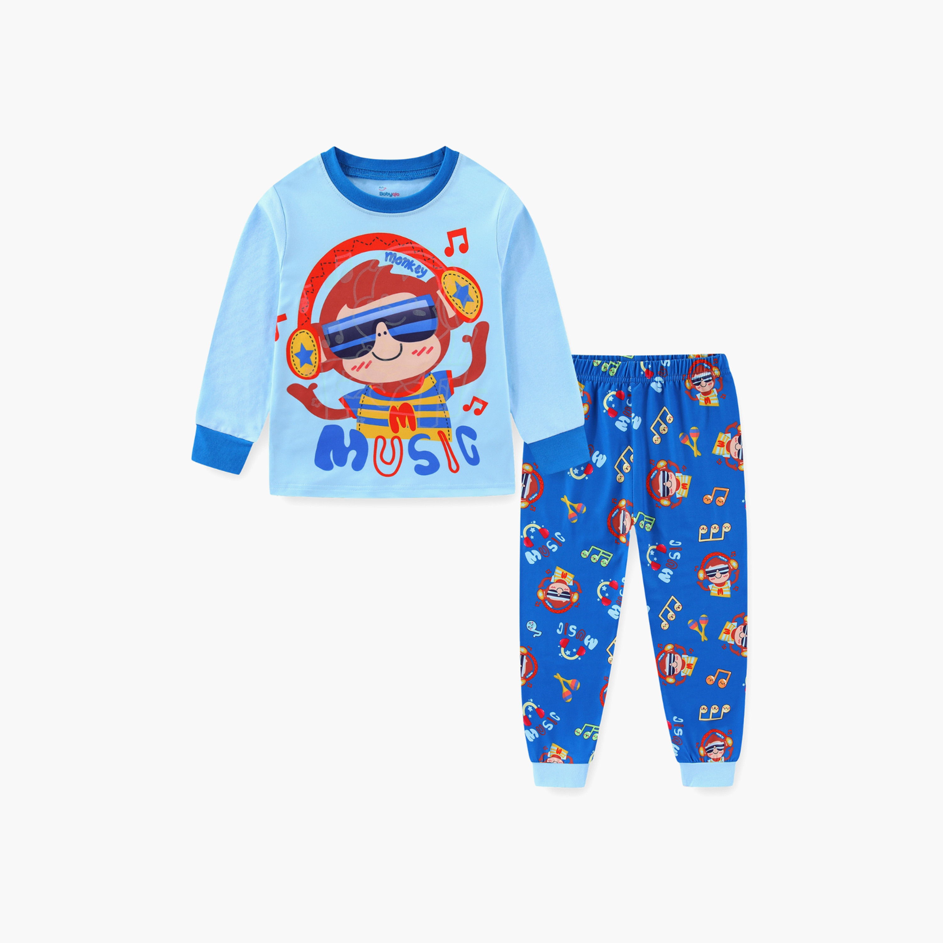 Babyqlo Cotton Music Monkey Printed Long Sleeves Glow T-Shirt & Pyjamas Set-baby-boys-clothing-nightwear-pyjamasets-image-2