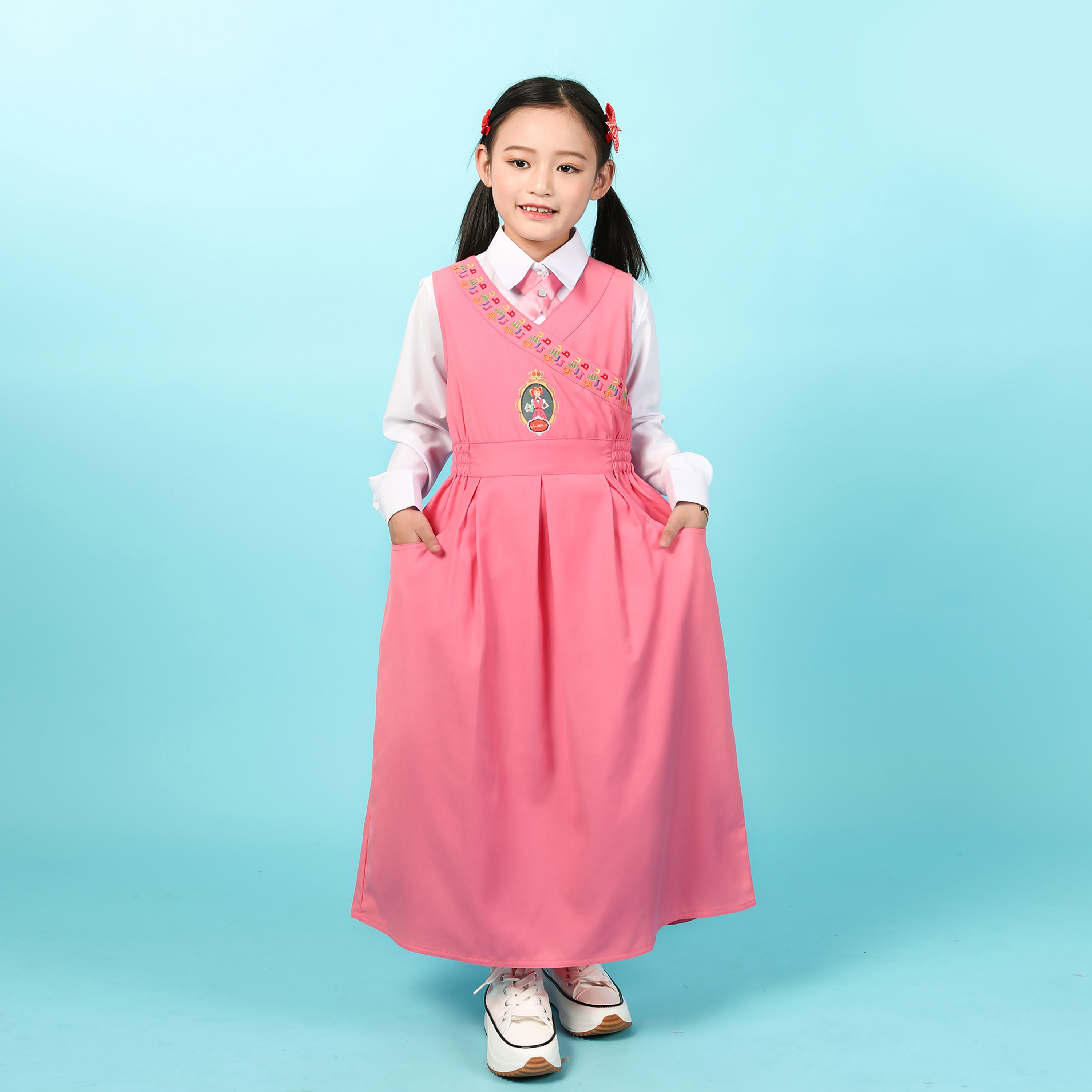 فستان مُوحد للمرحلة الابتدائية بدون أكمام مع ربطة عنق من ماي سكول - وردي-girls-clothing-schoolwear-dresses-image-1