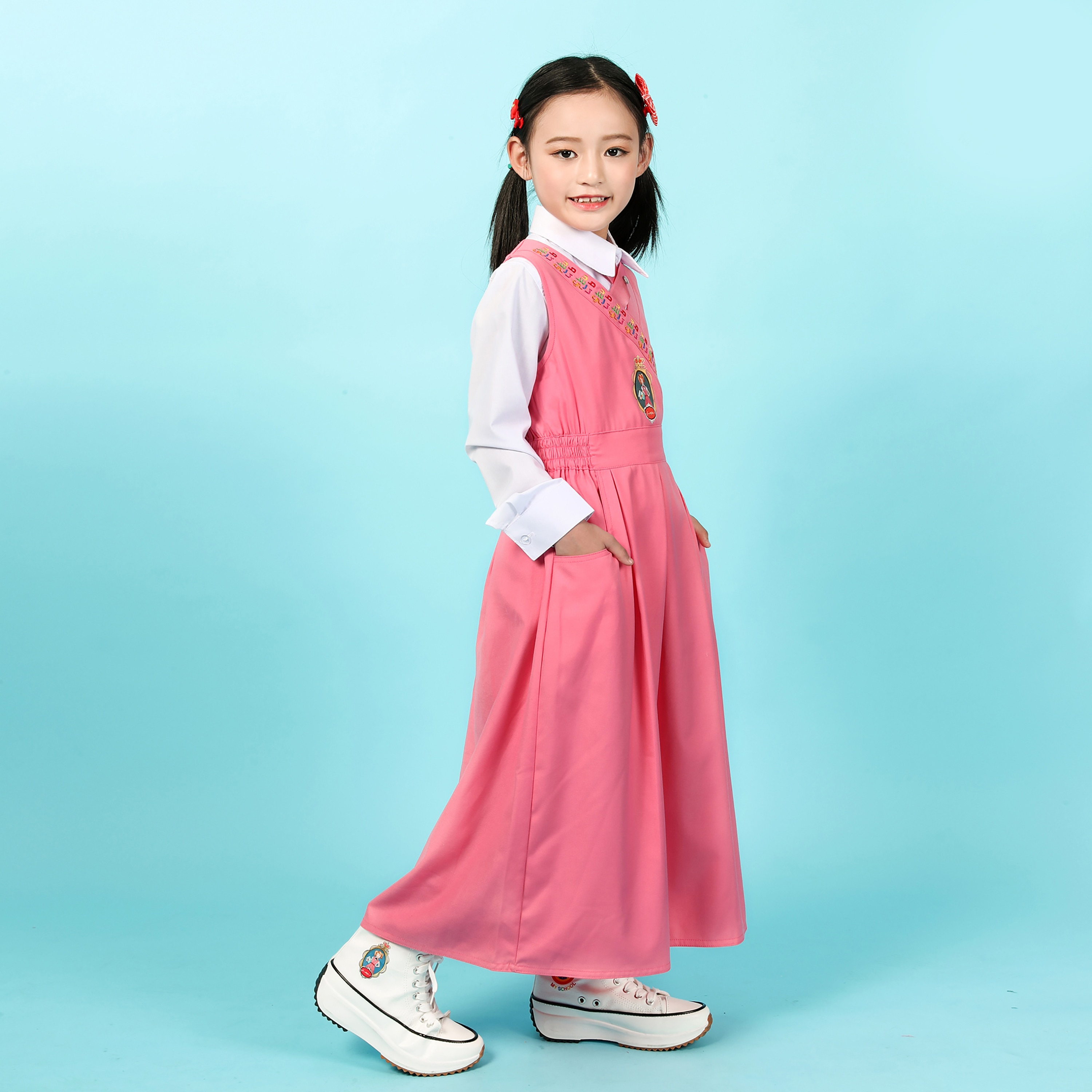 فستان مُوحد للمرحلة الابتدائية بدون أكمام مع ربطة عنق من ماي سكول - وردي-girls-clothing-schoolwear-dresses-image-3
