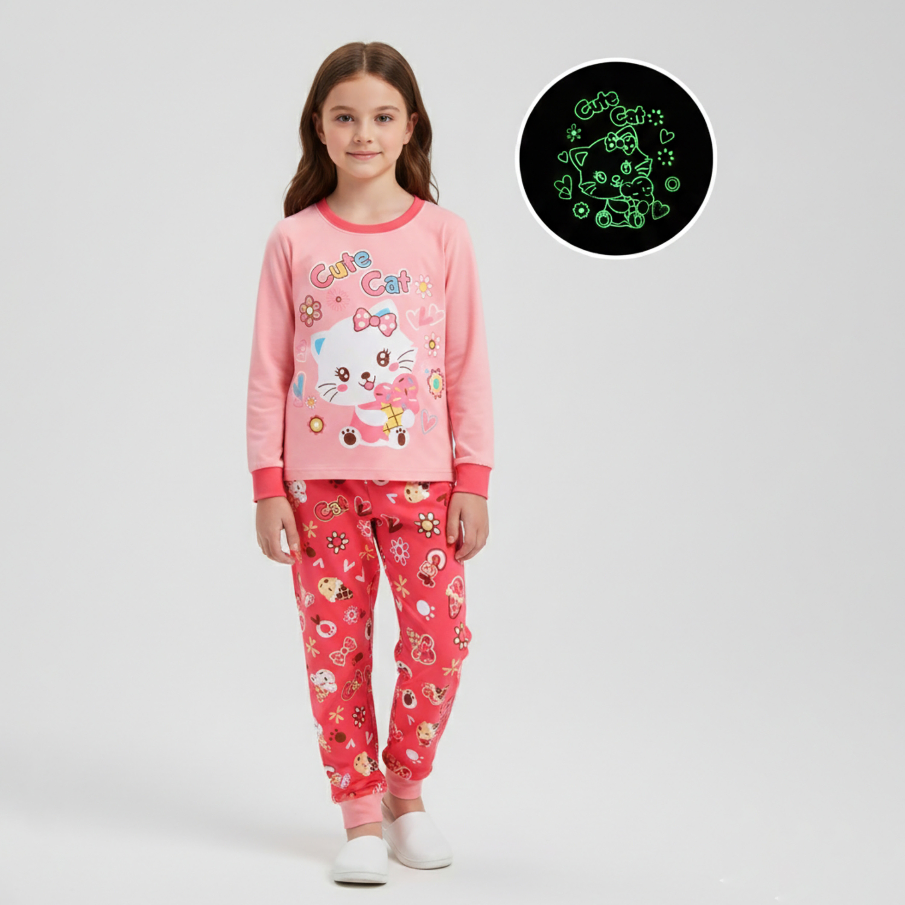 Babyqlo Cotton Cute Cat Printed Long Sleeves Glow T-Shirt & Pyjamas Set-baby-girls-clothing-nightwear-pyjamasets-image-1