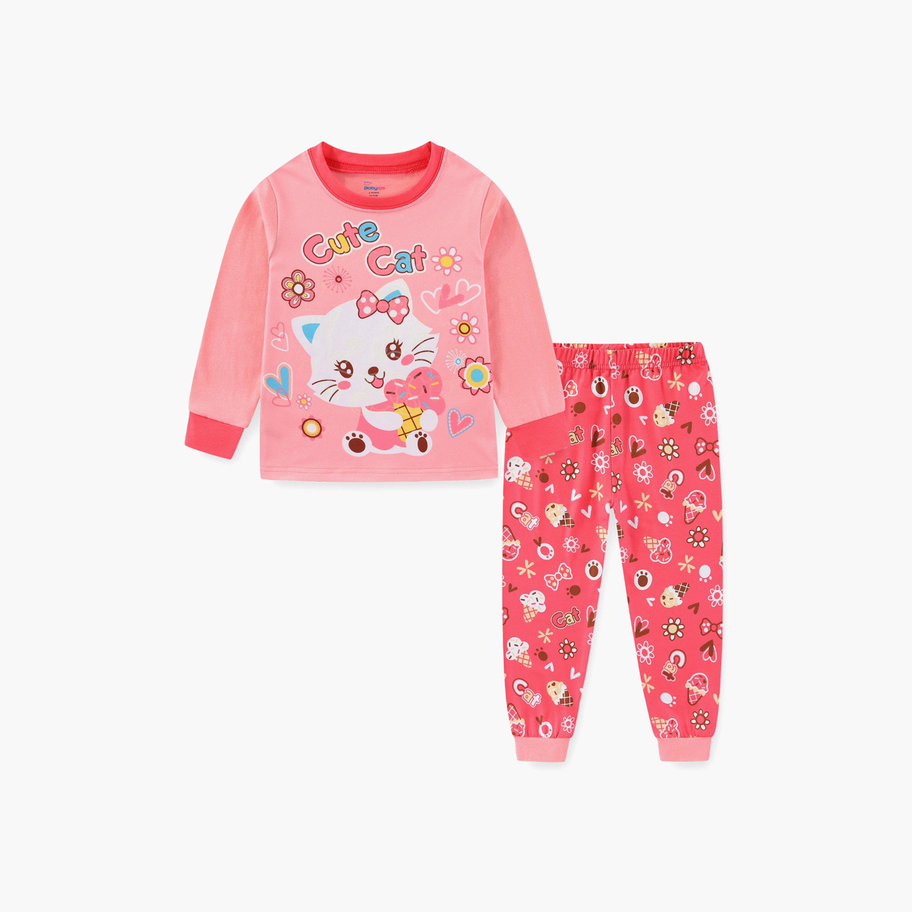 Babyqlo Cotton Cute Cat Printed Long Sleeves Glow T-Shirt & Pyjamas Set-baby-girls-clothing-nightwear-pyjamasets-image-2