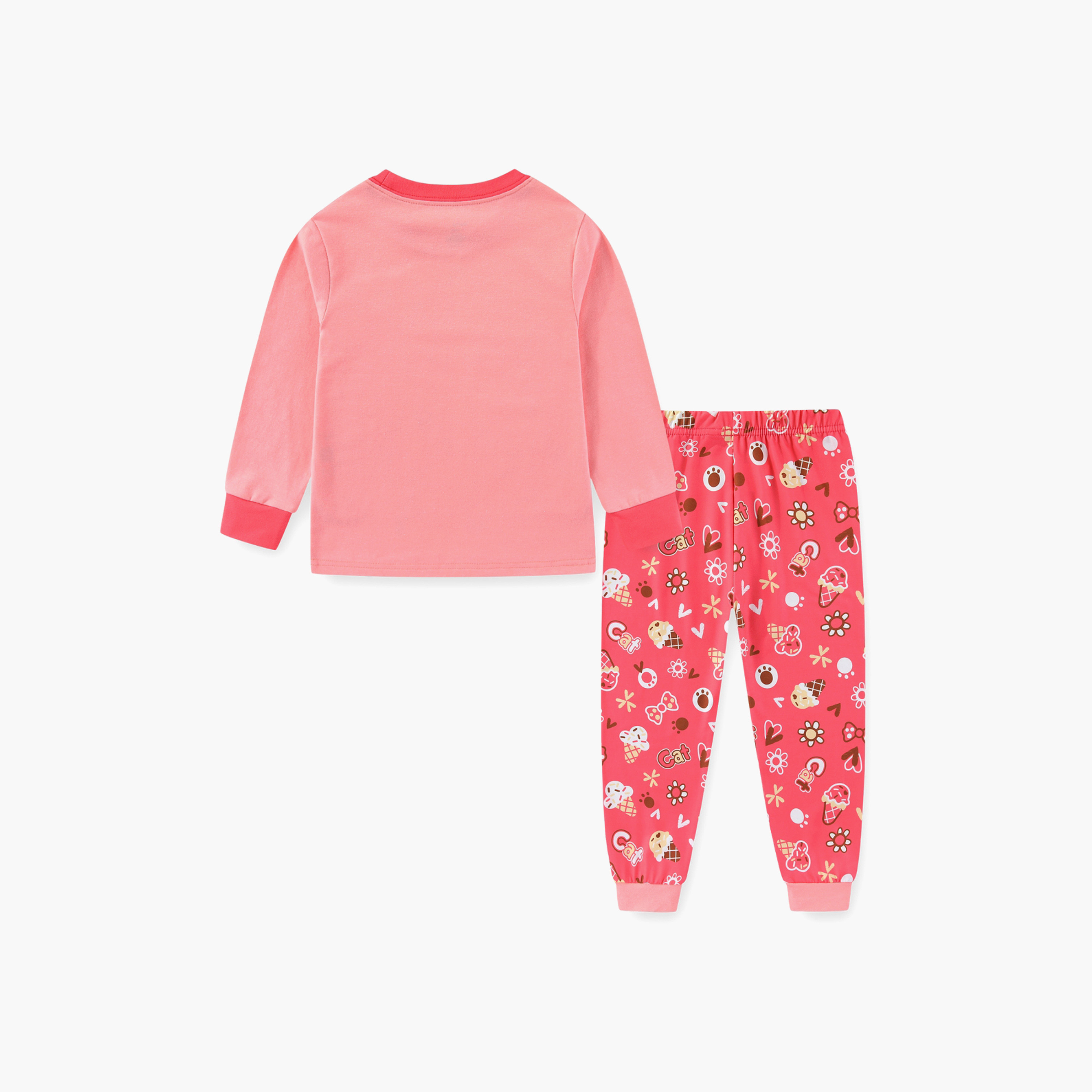 Babyqlo Cotton Cute Cat Printed Long Sleeves Glow T-Shirt & Pyjamas Set-baby-girls-clothing-nightwear-pyjamasets-image-3