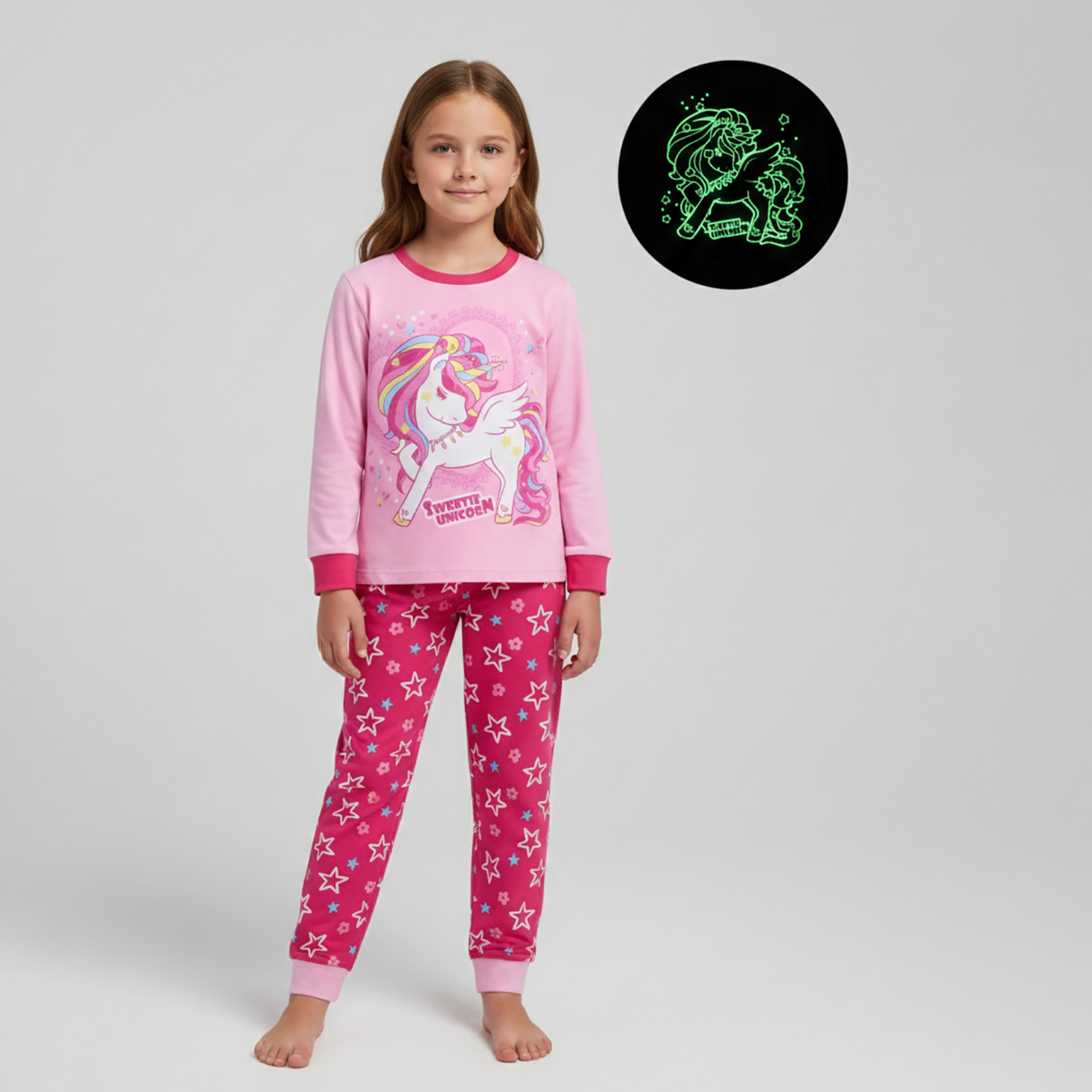 Babyqlo Cotton Sweet Unicorn Printed Long Sleeves Glow T-Shirt & Pyjamas Set-baby-girls-clothing-nightwear-pyjamasets-image-1