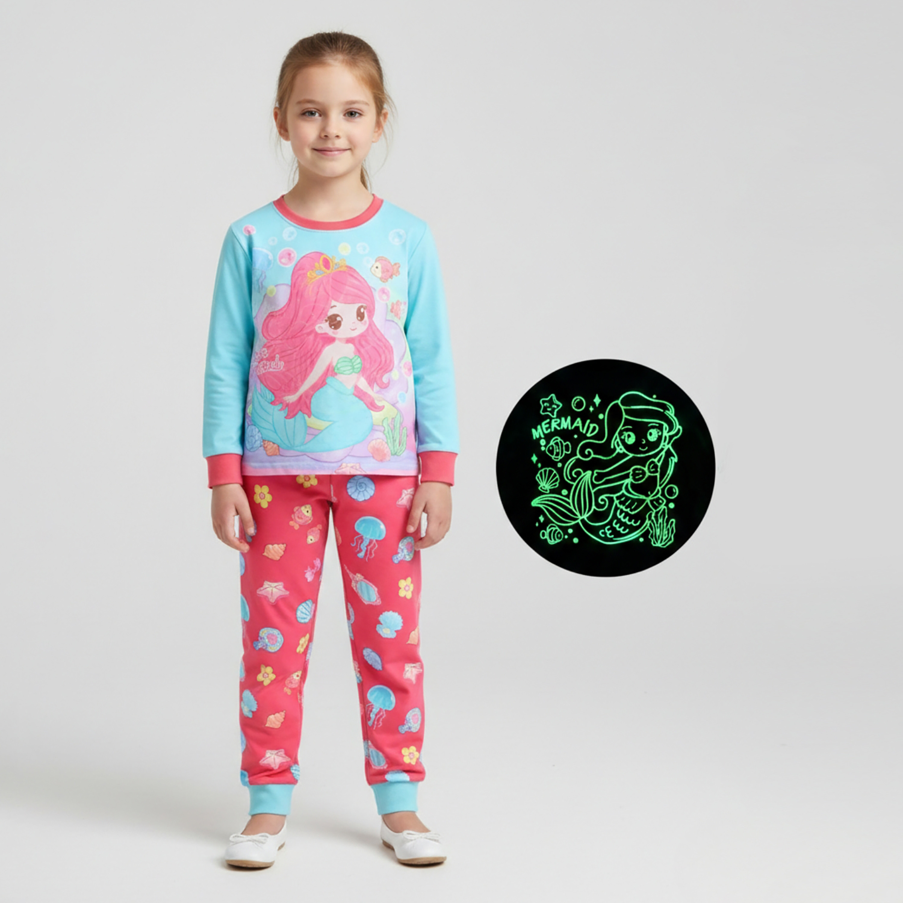 Babyqlo Cotton Fantasy Mermaid Printed Long Sleeves Glow T-Shirt & Pyjamas Set-baby-girls-clothing-nightwear-pyjamasets-image-1
