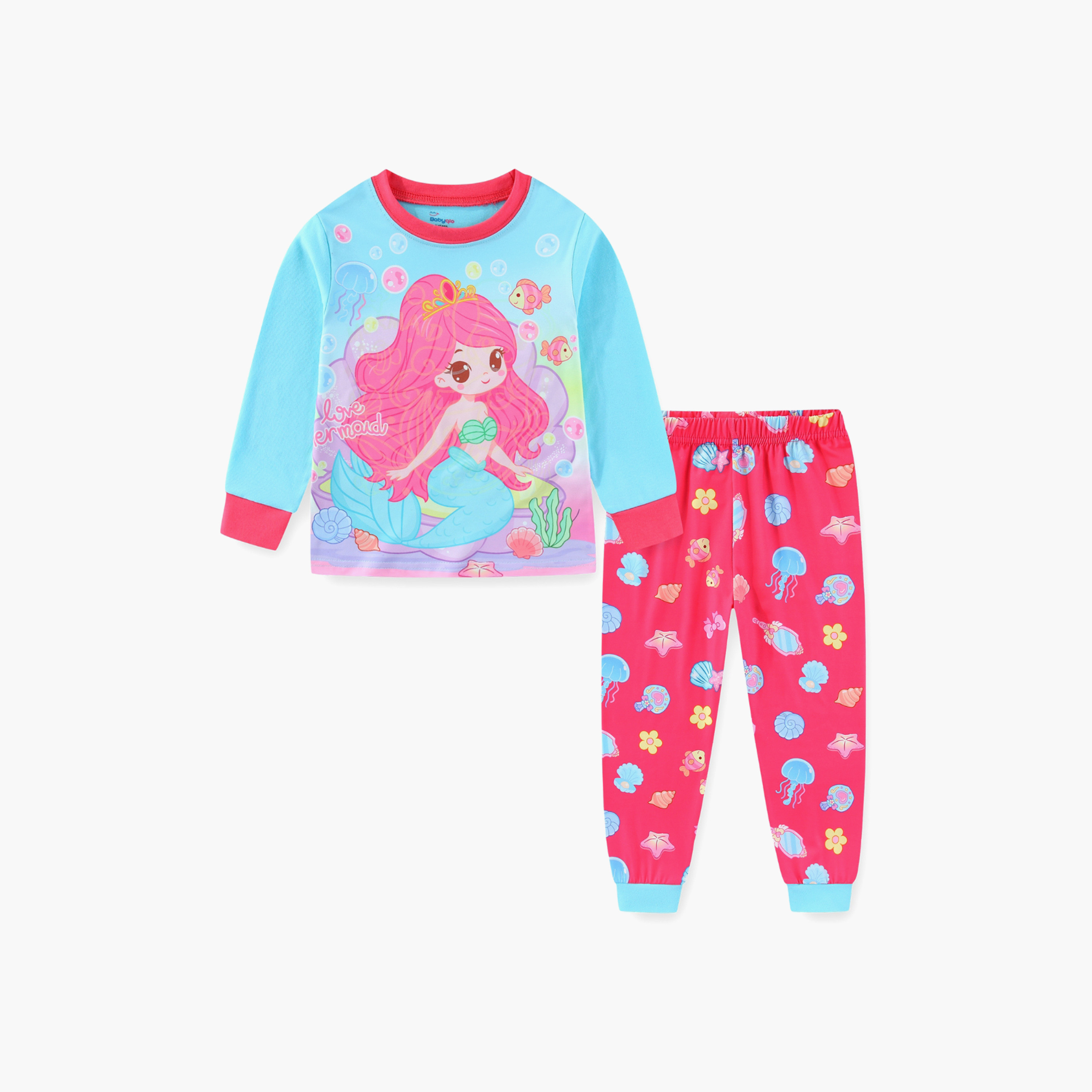 Babyqlo Cotton Fantasy Mermaid Printed Long Sleeves Glow T-Shirt & Pyjamas Set-baby-girls-clothing-nightwear-pyjamasets-image-2