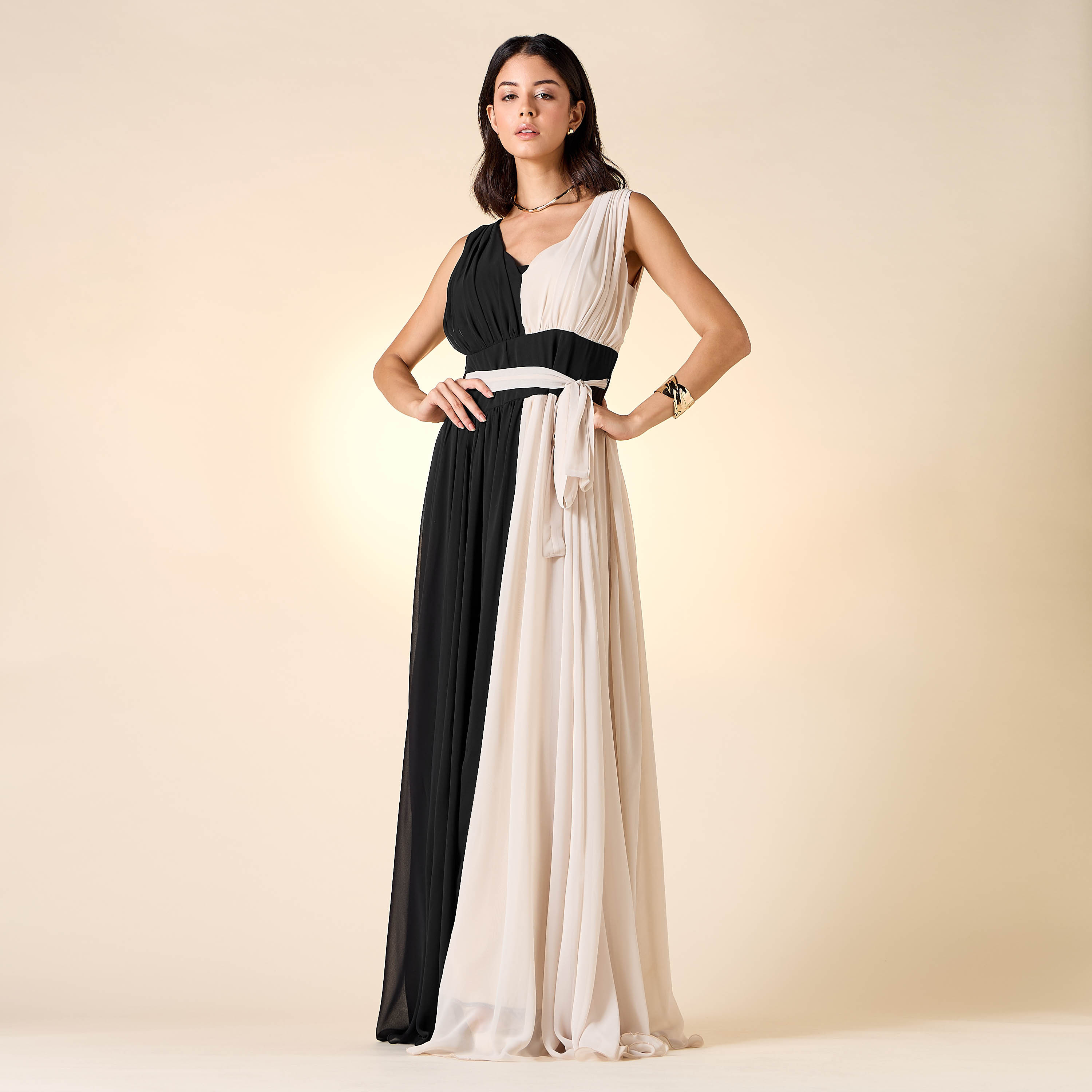فستان دون أكمام بياقة V وحزام رباط ونمط ألواح من جولدن أبل-women-clothing-dresses-image-1