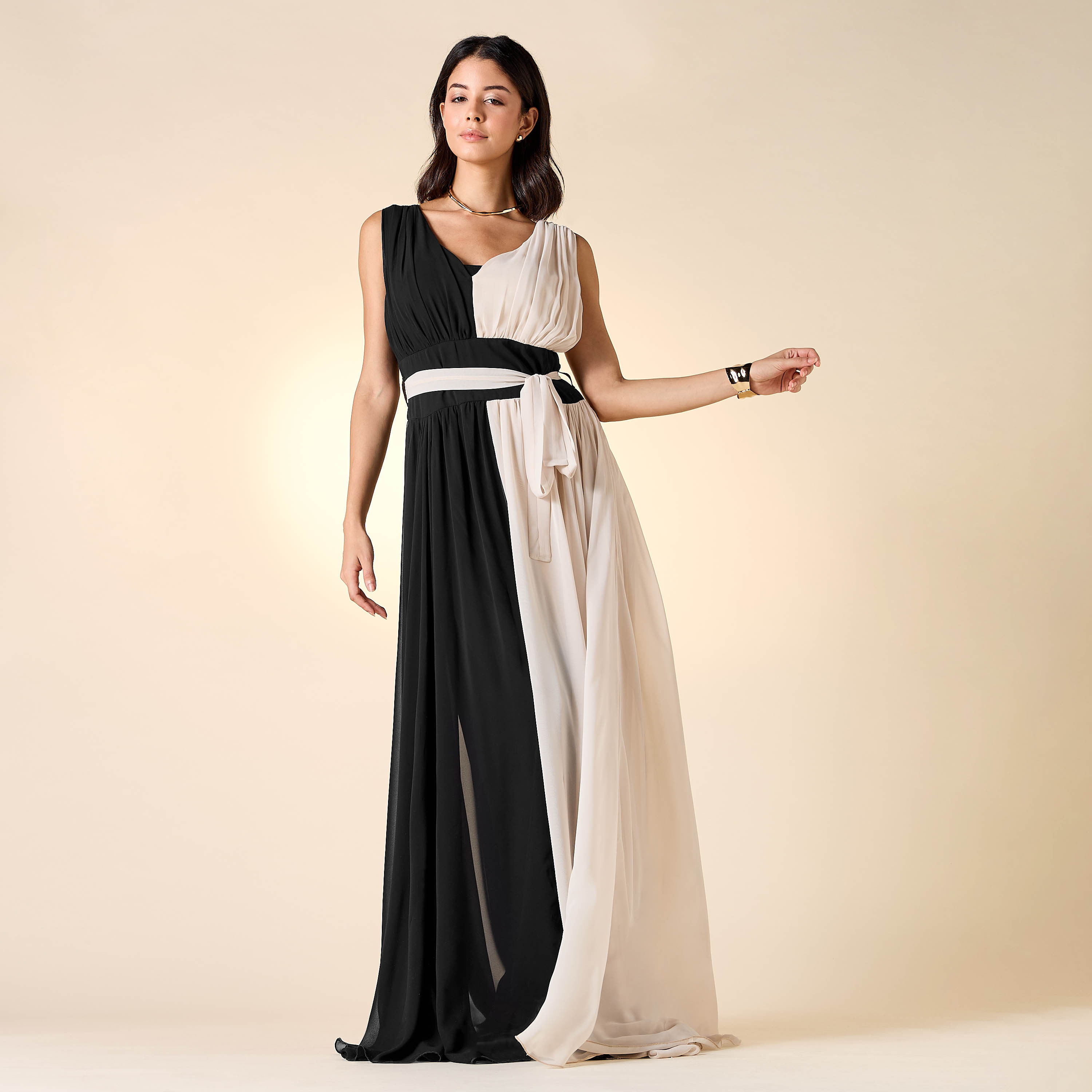 Golden Apple Panelled Sleeveless V-neck Dress with Tie-Up Belt-women-clothing-dresses-image-2