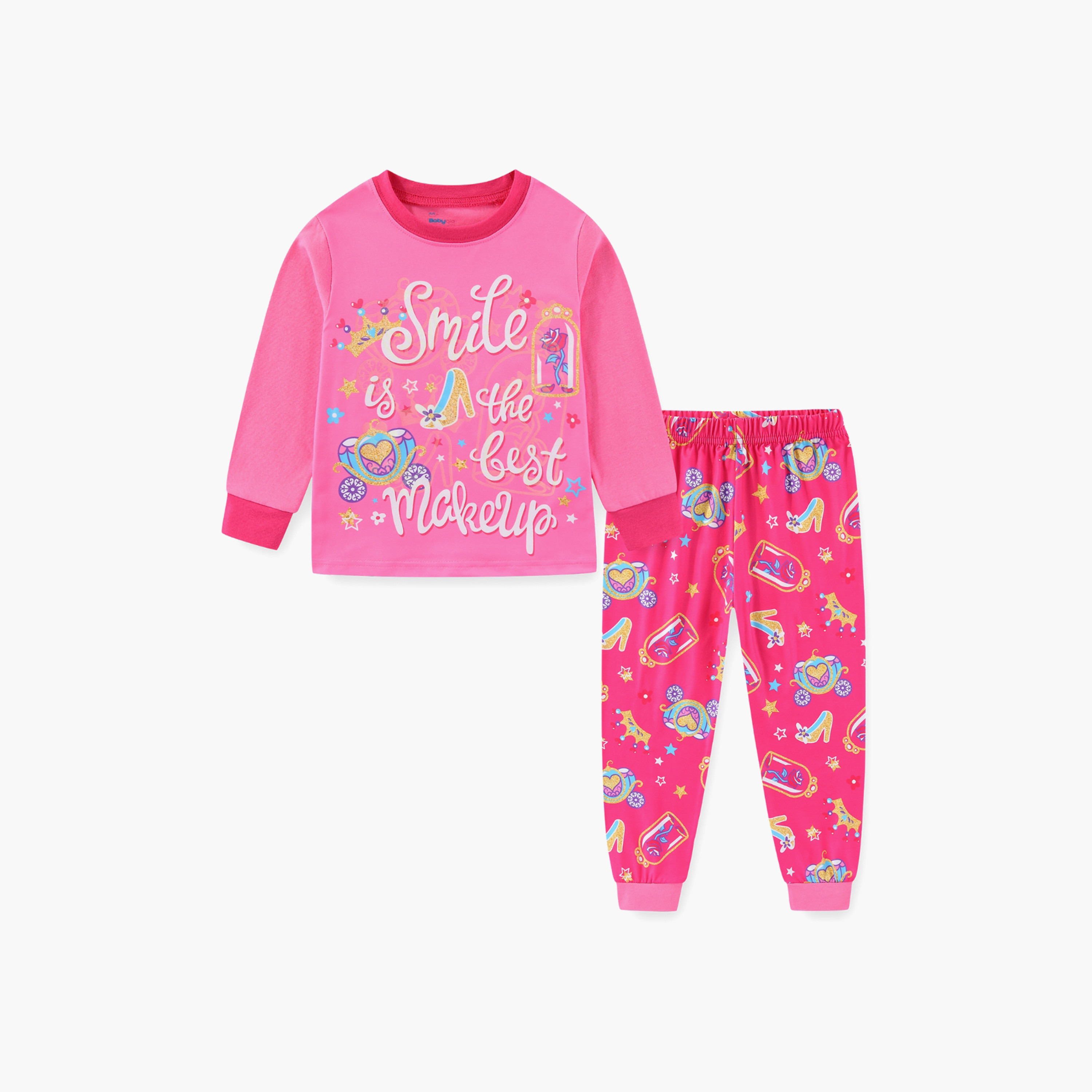 Babyqlo Cotton Princess Crown Printed Long Sleeves Glow T-Shirt & Pyjamas Set-baby-girls-clothing-nightwear-pyjamasets-image-2