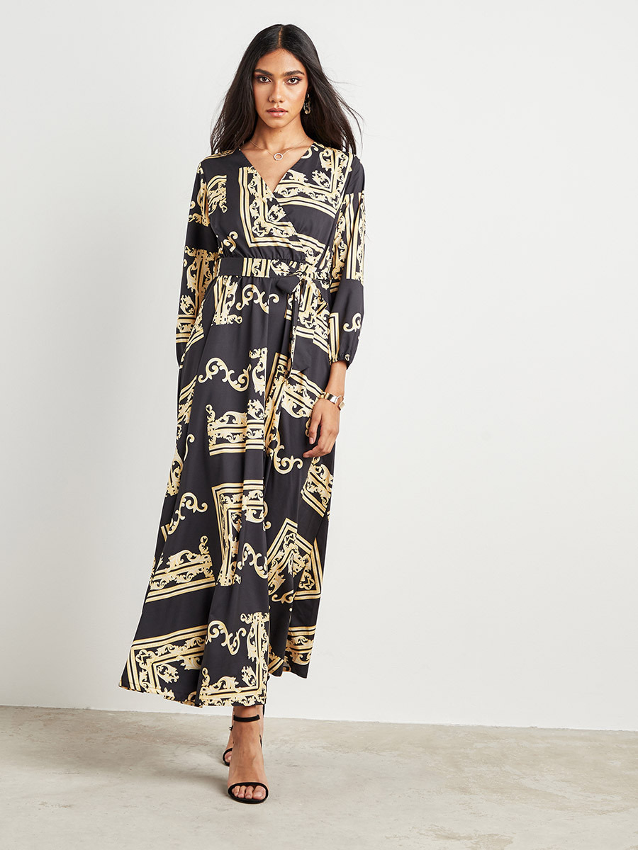 Styli Tile Print Wrap Over Maxi Dress with Tie-Up Waist-women-clothing-dresses-image-1