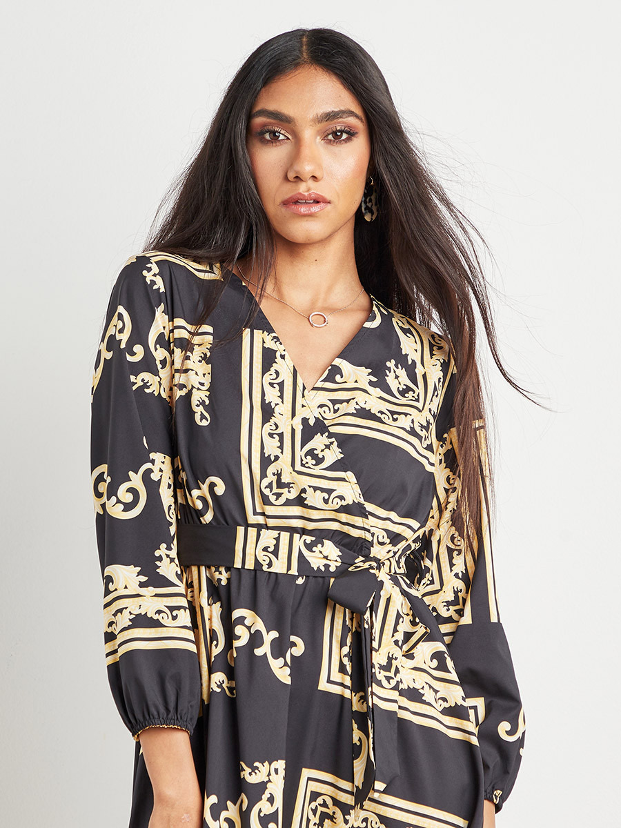 Styli Tile Print Wrap Over Maxi Dress with Tie-Up Waist-women-clothing-dresses-image-2