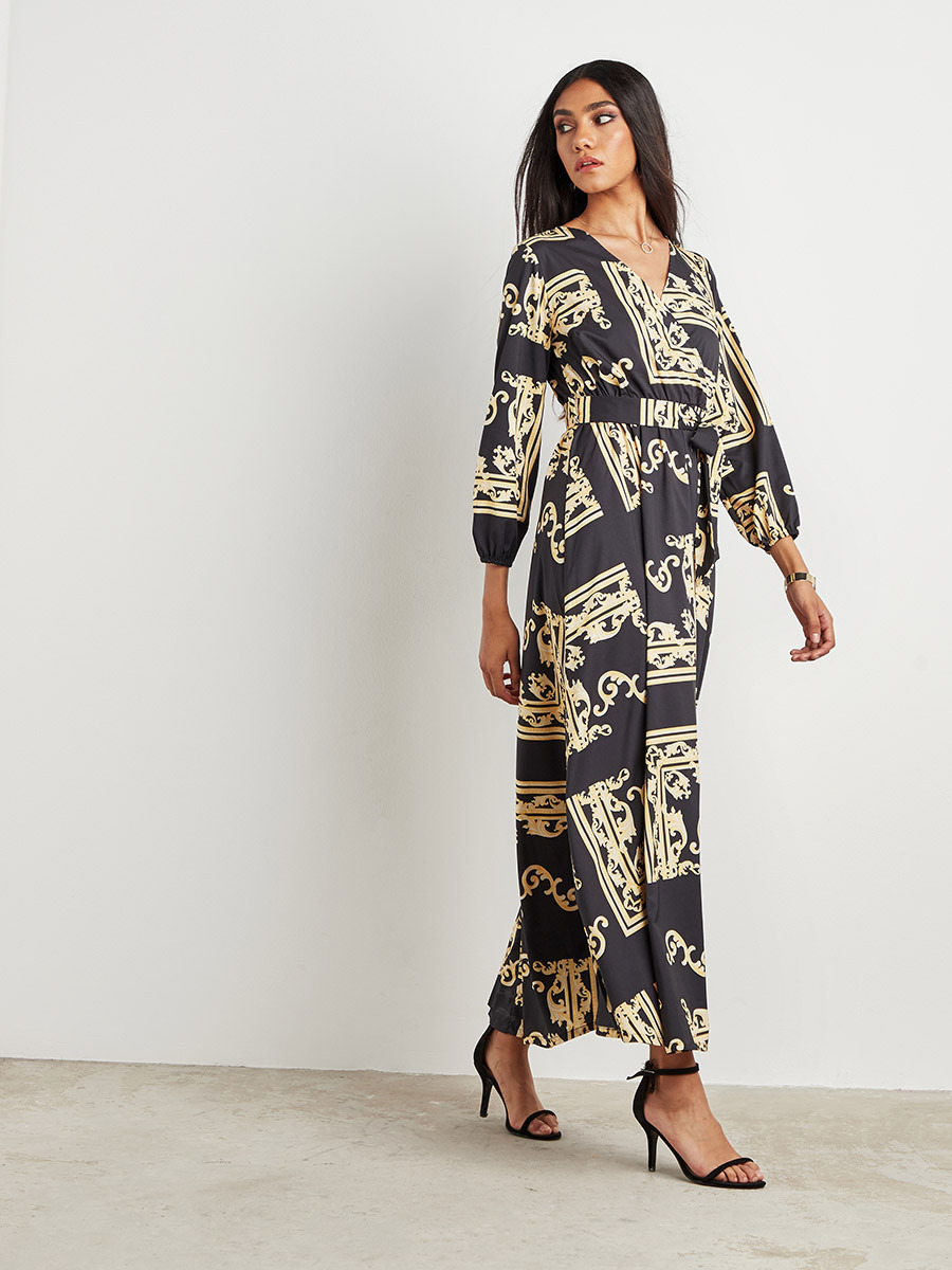Styli Tile Print Wrap Over Maxi Dress with Tie-Up Waist-women-clothing-dresses-image-3