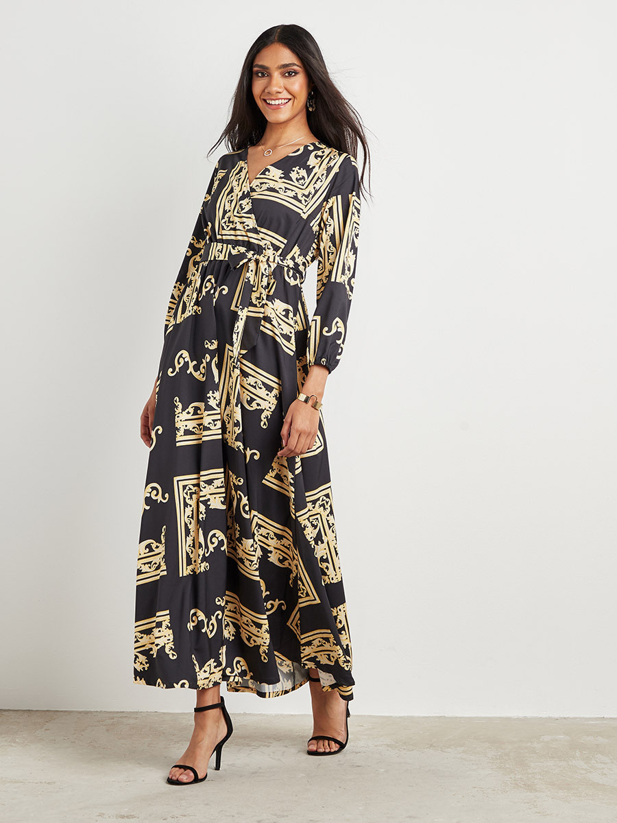 Styli Tile Print Wrap Over Maxi Dress with Tie-Up Waist-women-clothing-dresses-image-5