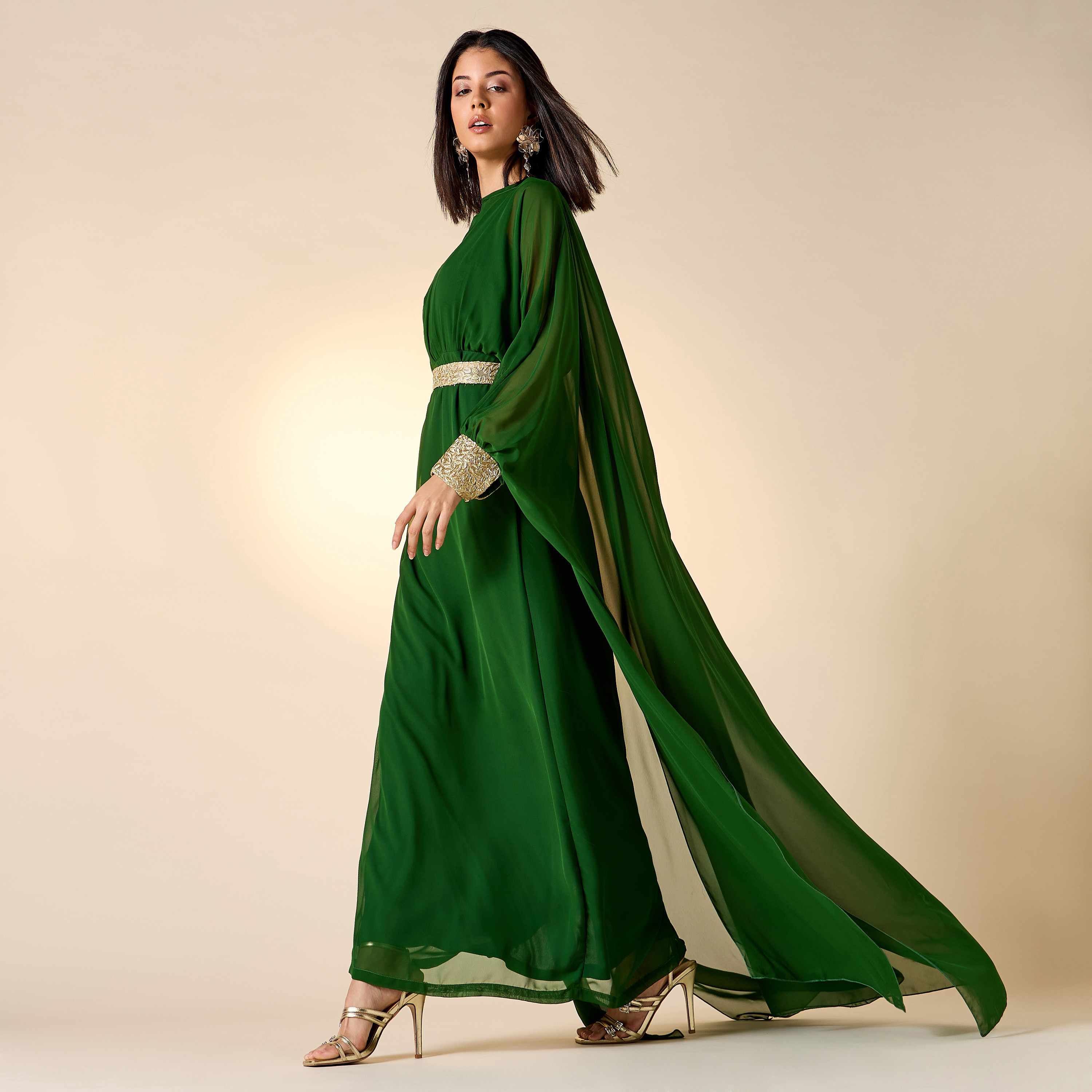 Golden Apple Solid High Neck Dress with Extended Cuff Sleeves and Belt-women-clothing-dresses-image-2