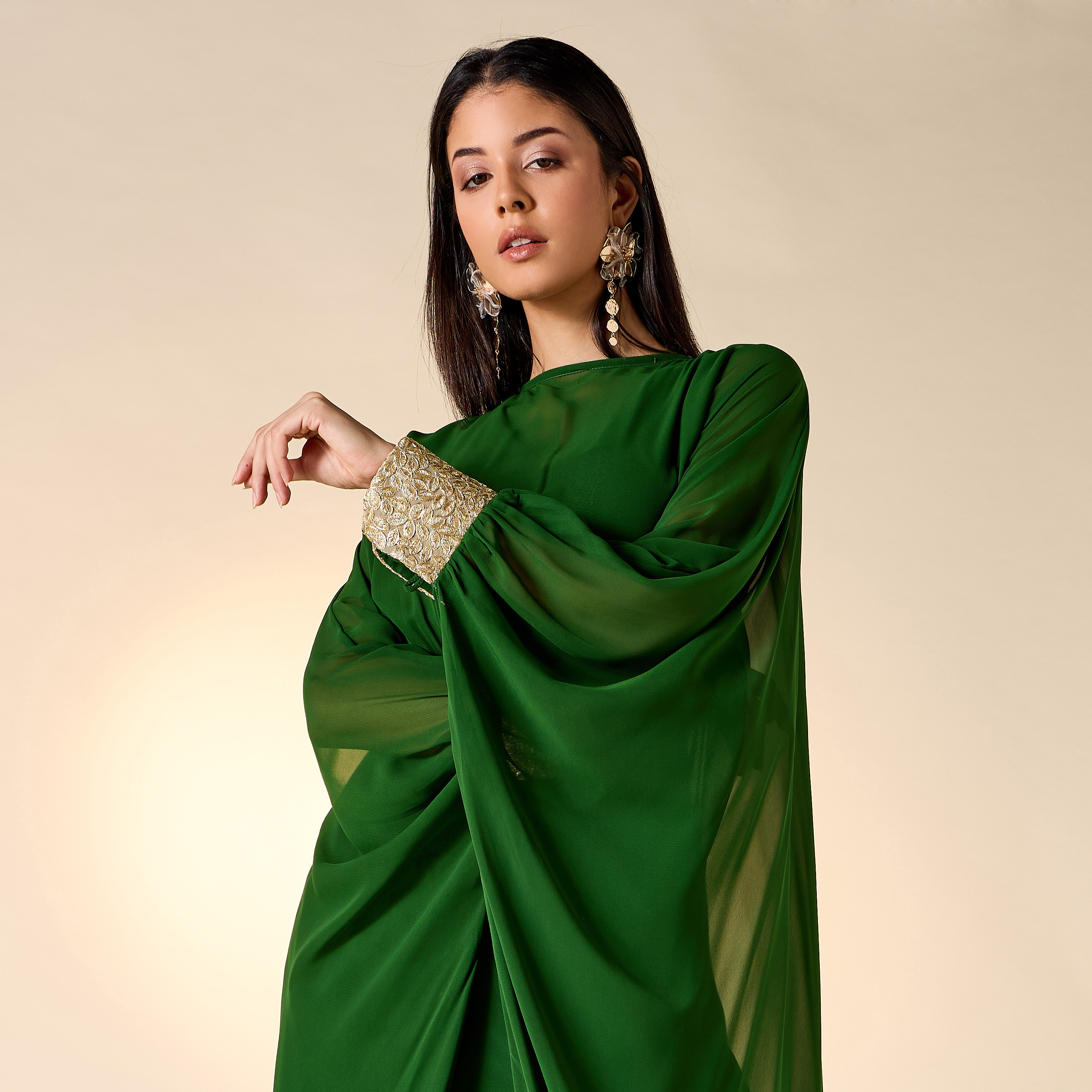 Golden Apple Solid High Neck Dress with Extended Cuff Sleeves and Belt-women-clothing-dresses-image-5