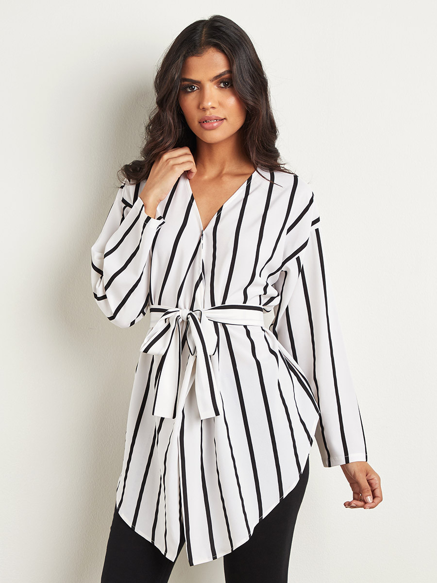 قميص طويل مخطط بحزام من ستايلي-women-clothing-shirtsandblouses-blouses-image-1