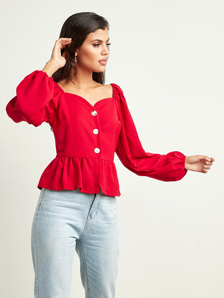 Styli Button Closure Sweetheart Neck Peplum Blouse-women-clothing-shirtsandblouses-blouses-image-1