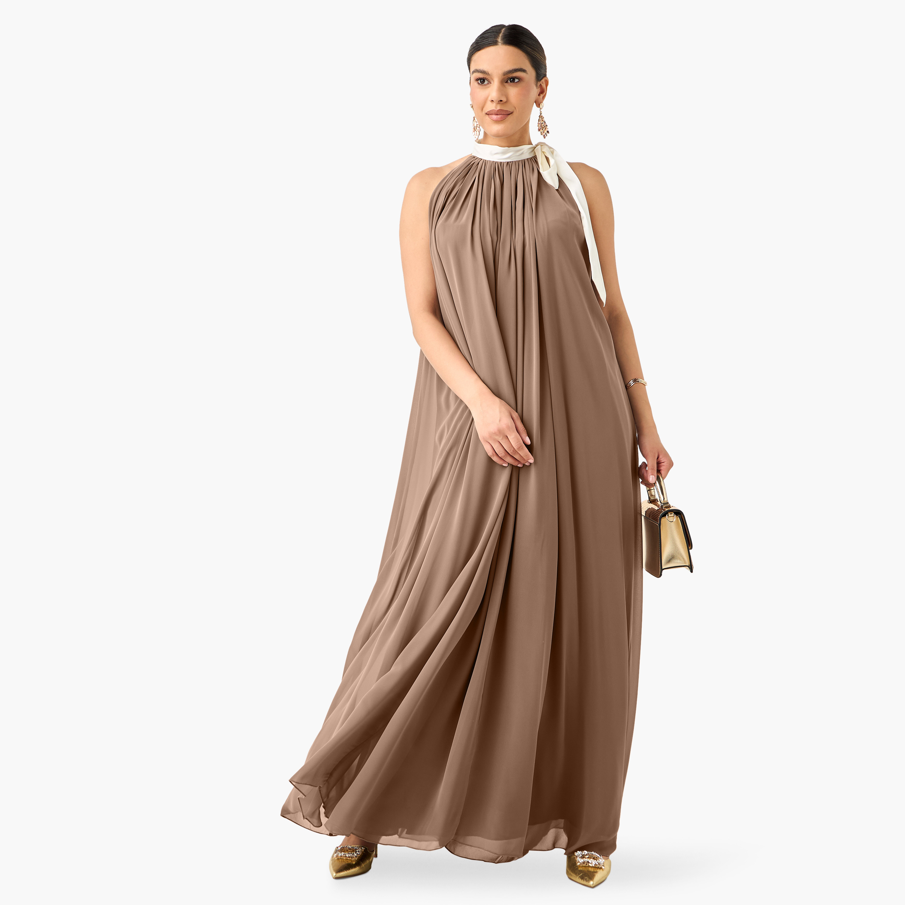 فستان سادة دون أكمام بتصميم شبه منحرف وياقة عالية من جولدن أبل-women-clothing-dresses-image-6