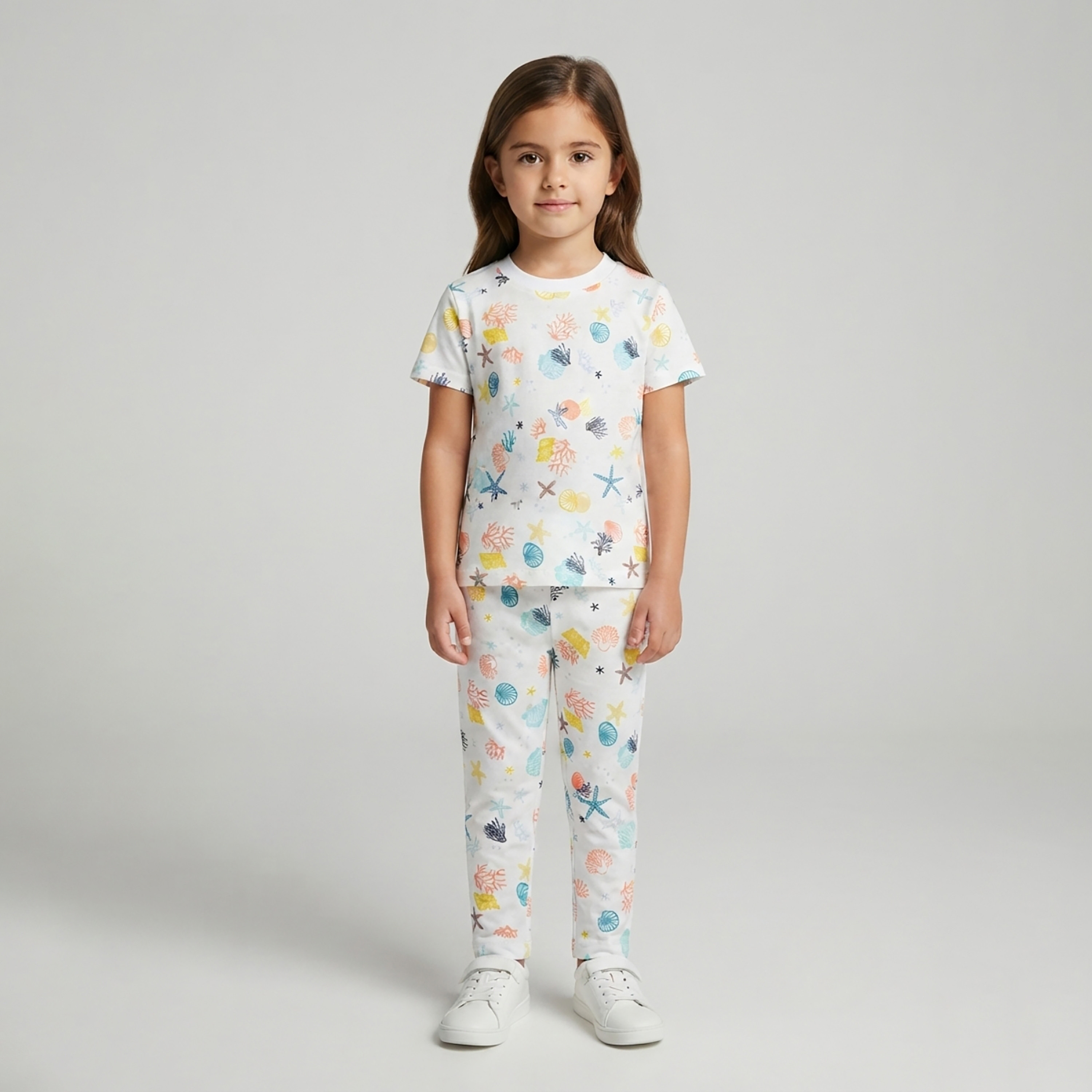 Babyqlo Seashell & Starfish Print Short Sleeves T-Shirt & Pyjama Set-baby-girls-clothing-setsandcoords-image-1