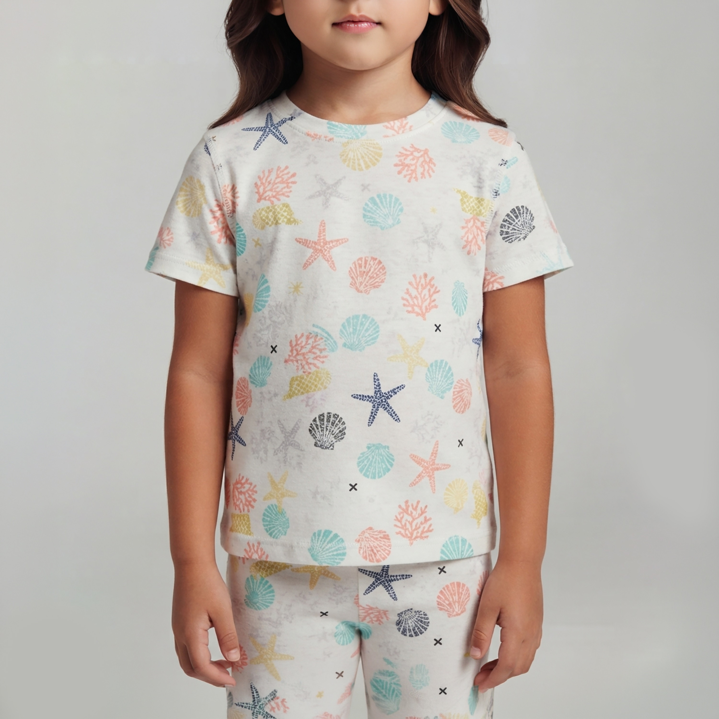 Babyqlo Seashell & Starfish Print Short Sleeves T-Shirt & Pyjama Set-baby-girls-clothing-setsandcoords-image-5