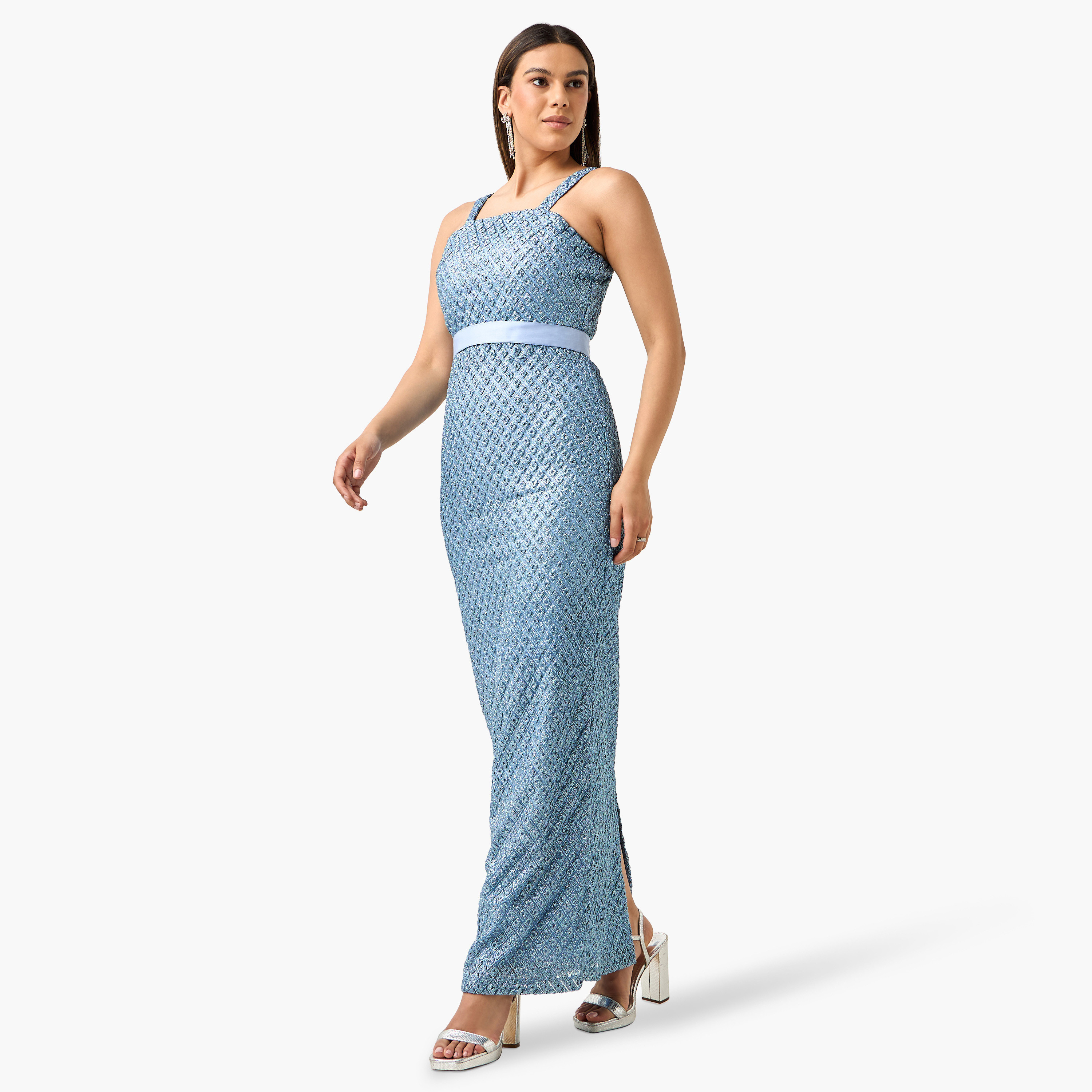 Golden Apple Textured Sleeveless Dress with Cape-women-clothing-dresses-image-2