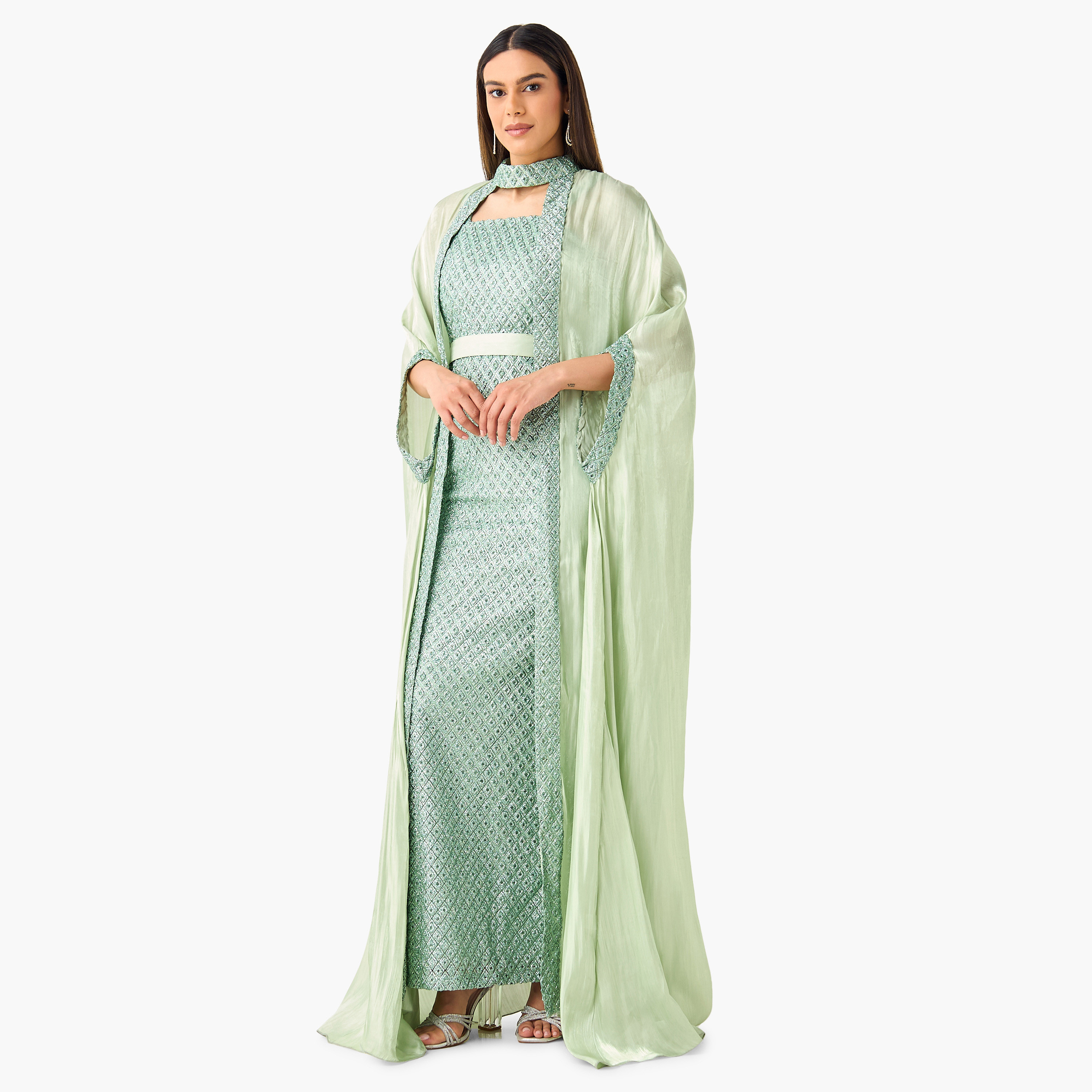 فستان بارز الملمس دون أكمام مع رداء من جولدن آبل-women-clothing-dresses-image-6