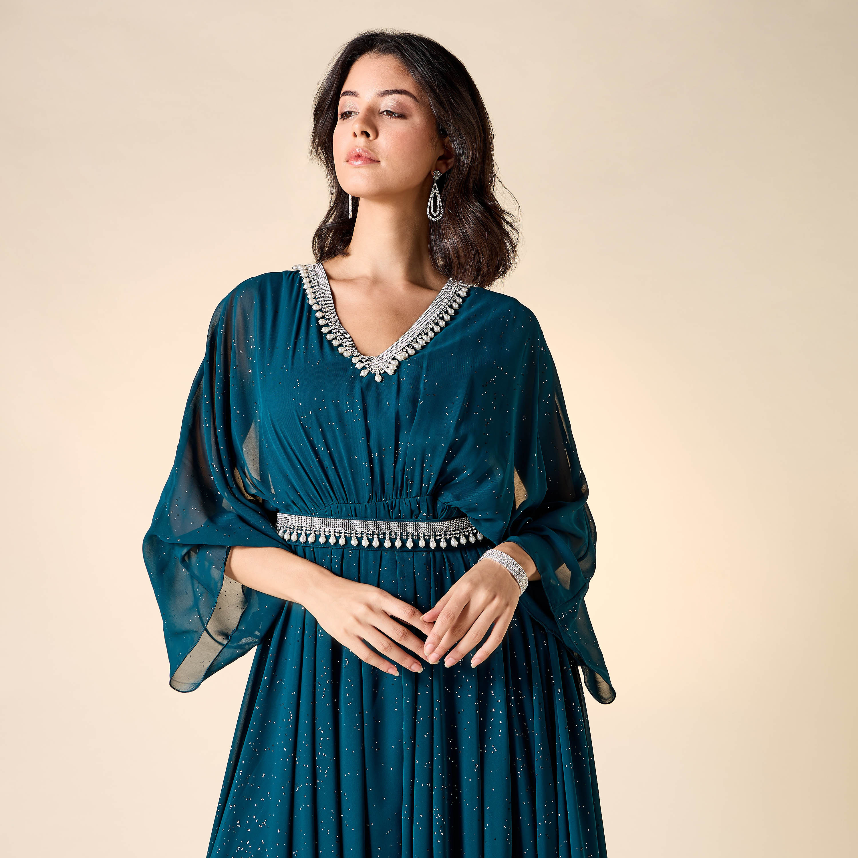 Golden Apple Embellished V-neck Dress with Belt-women-clothing-dresses-image-4