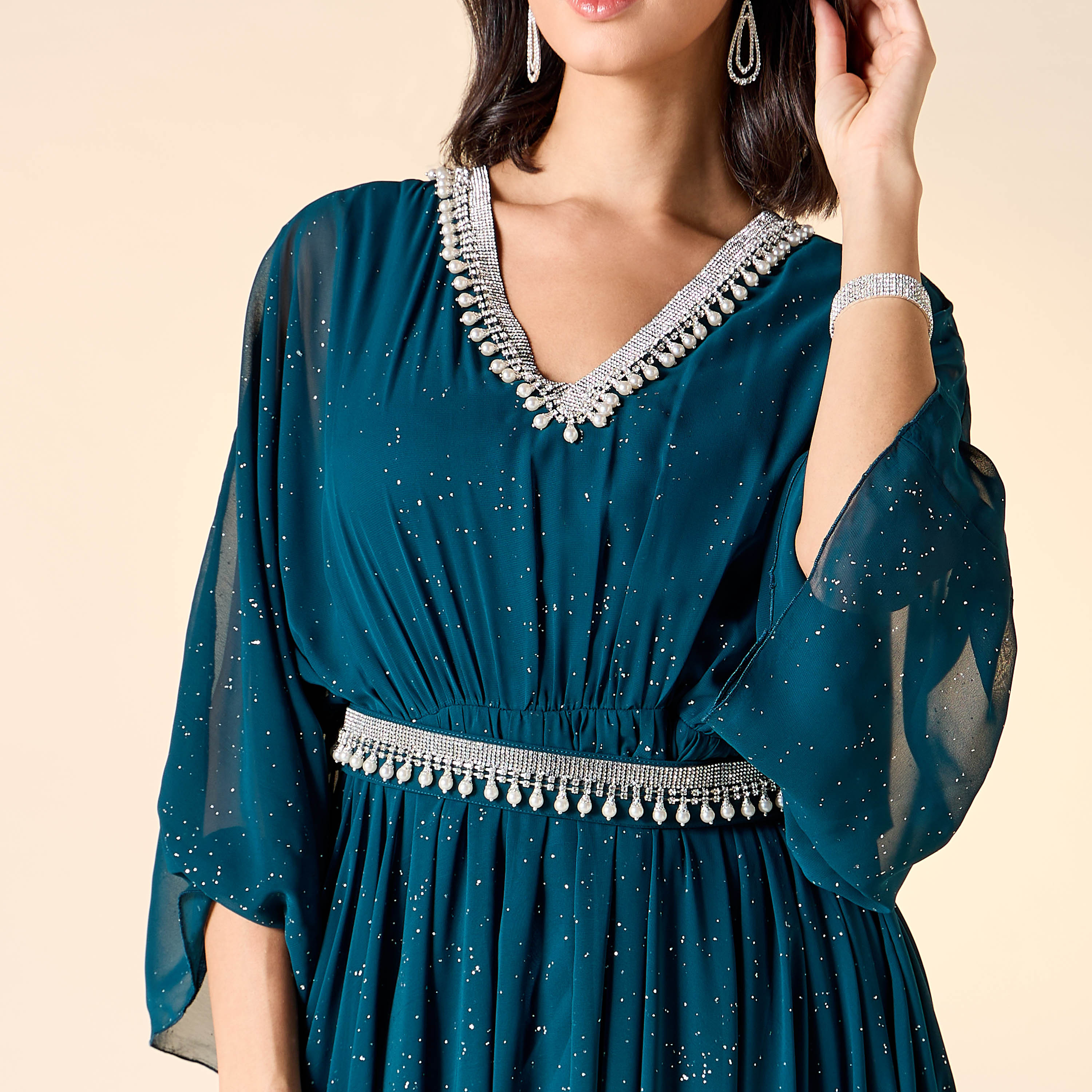 Golden Apple Embellished V-neck Dress with Belt-women-clothing-dresses-image-5