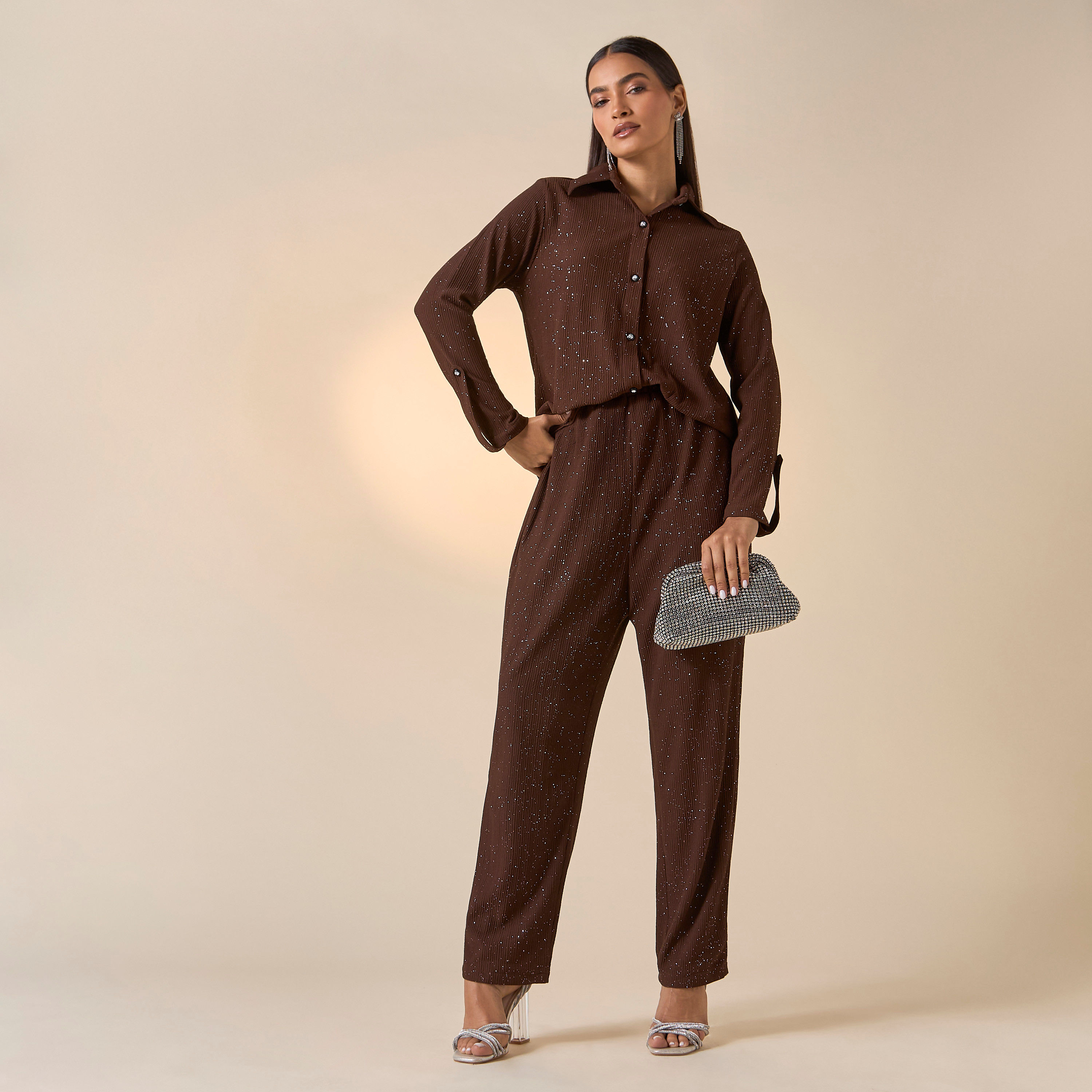 Golden Apple Textured Long Sleeve Shirt and Pants Set-women-clothing-coordsets-image-1