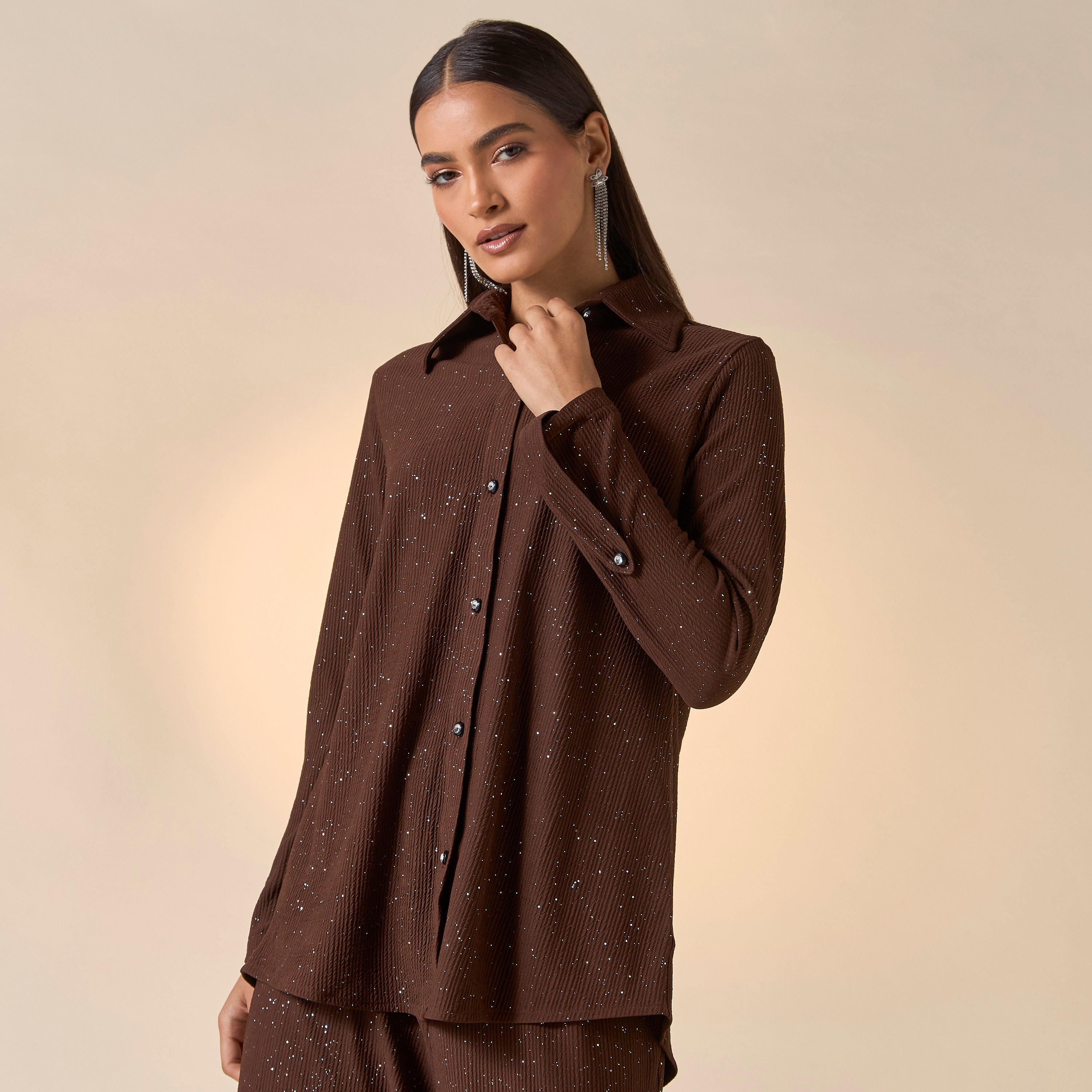 Golden Apple Textured Long Sleeve Shirt and Pants Set-women-clothing-coordsets-image-2