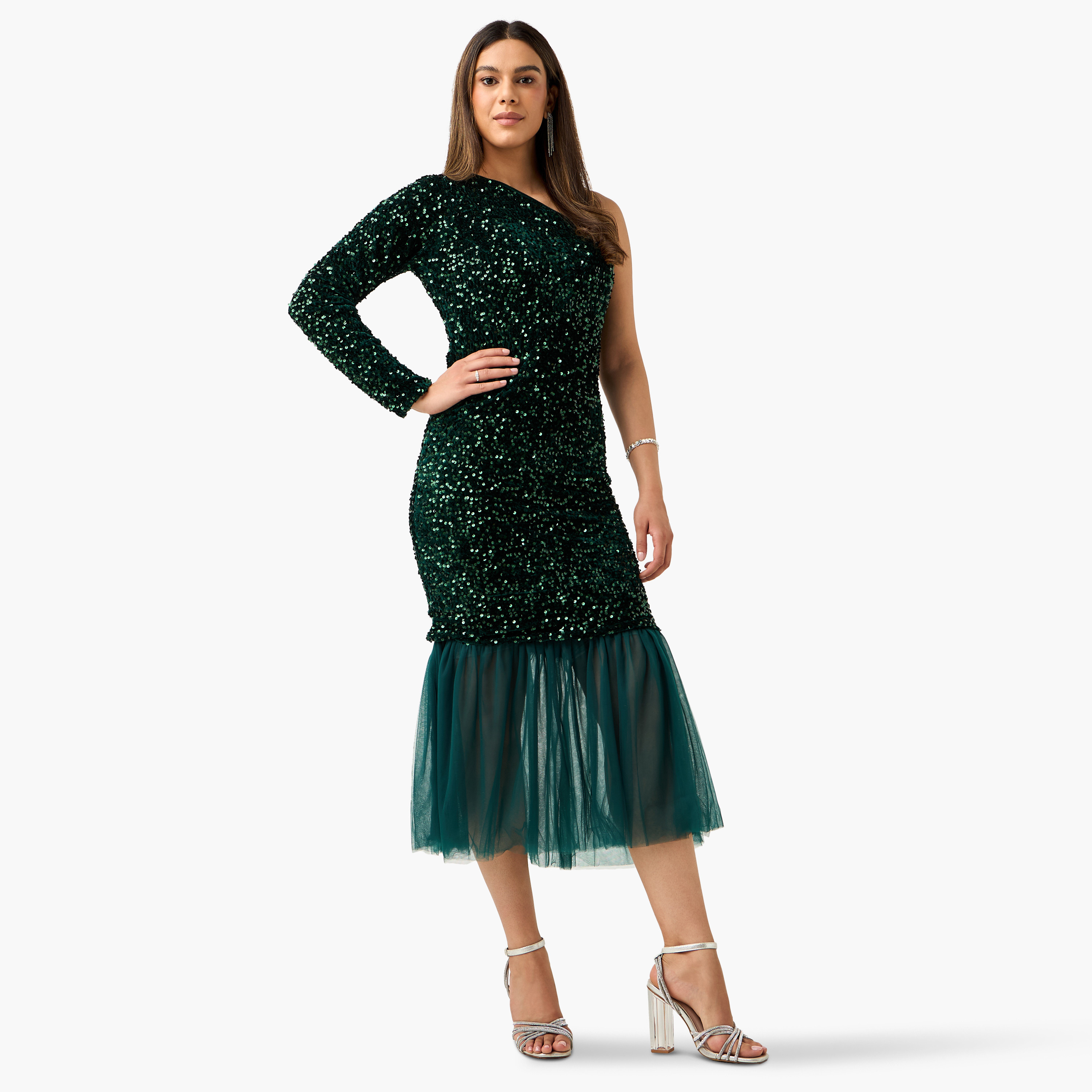 فستان مزين بالترتر بكتف واحد وتفاصيل تول من جولدن أبل-women-clothing-dresses-image-7