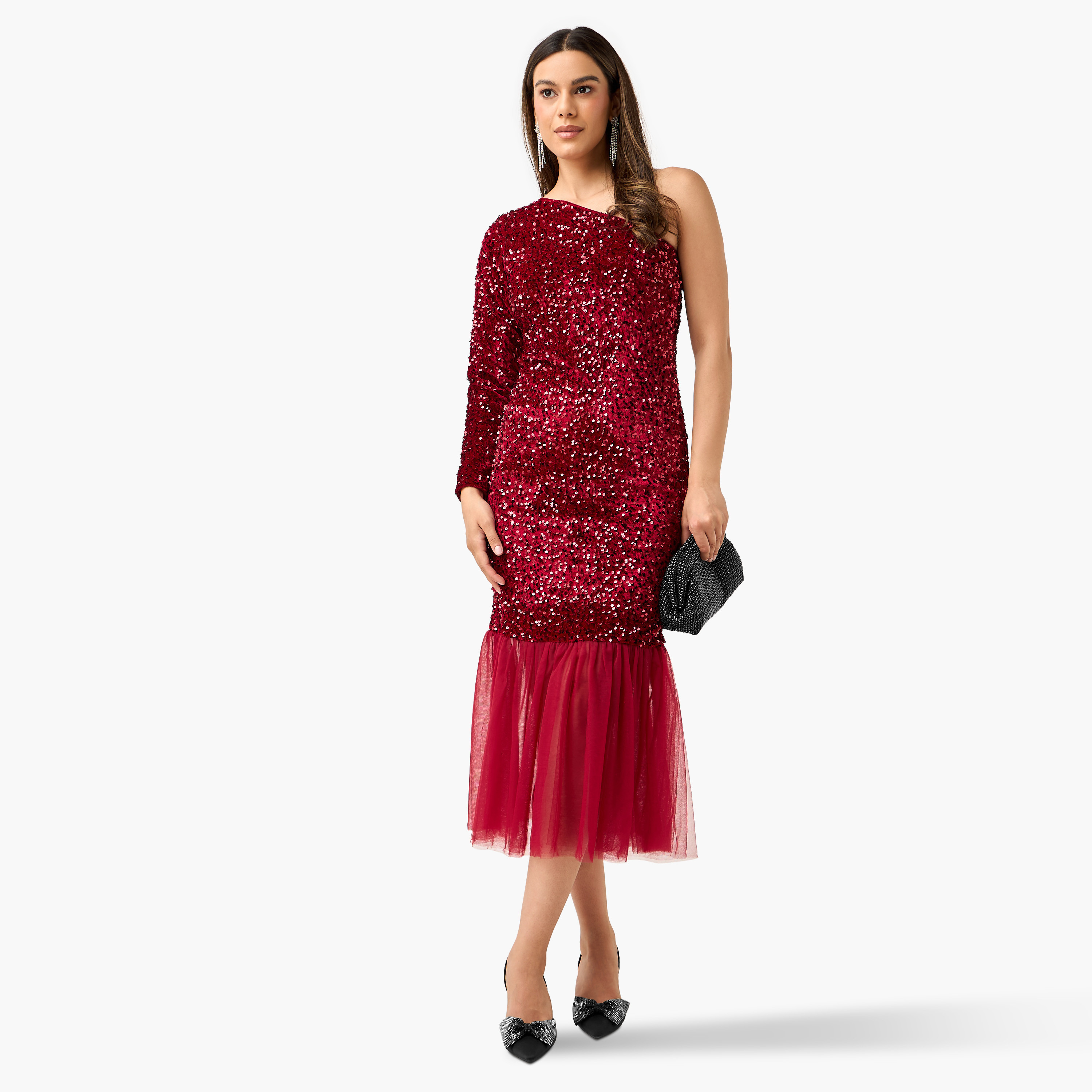 فستان مزين بالترتر بكتف واحد وتفاصيل تول من جولدن أبل-women-clothing-dresses-image-11