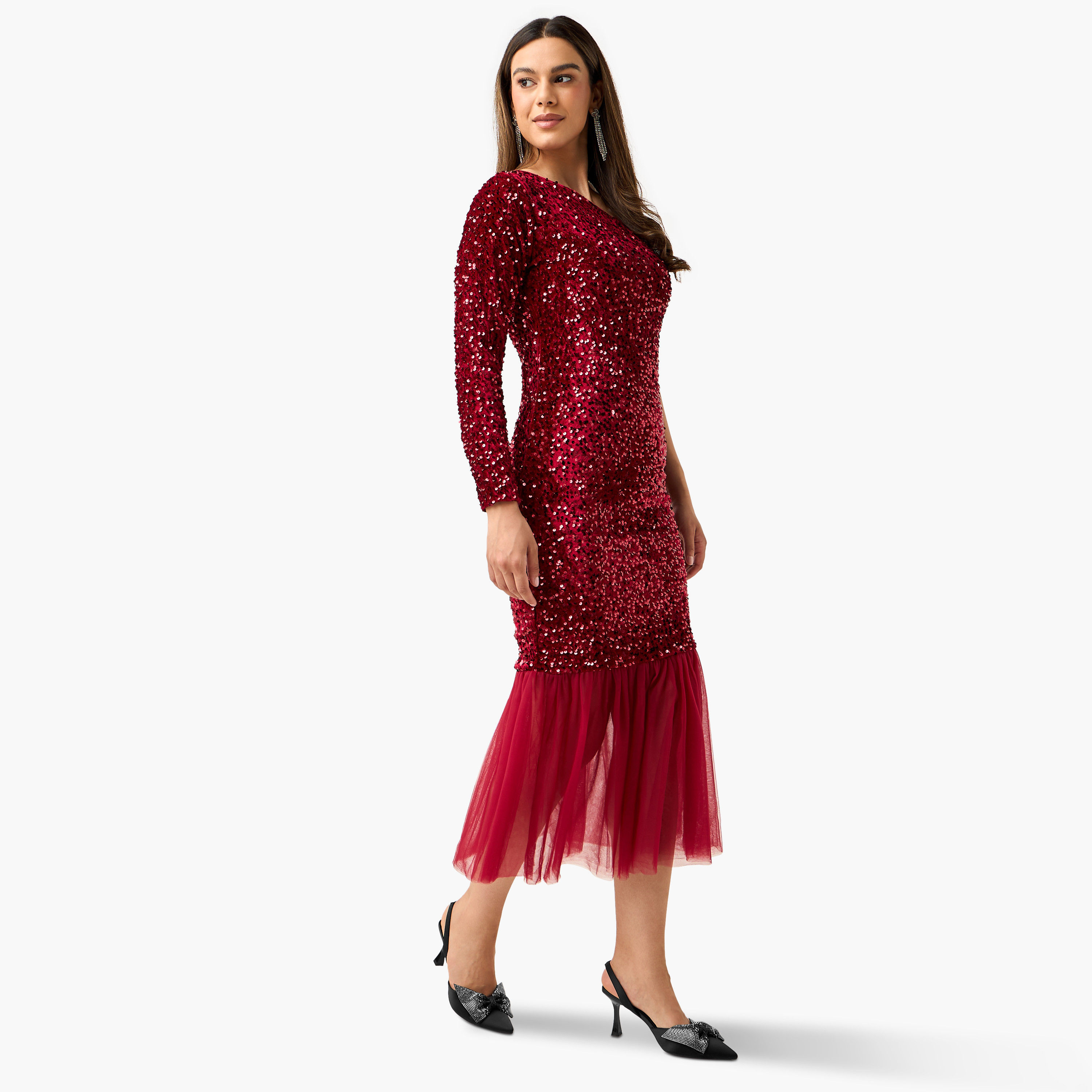 فستان مزين بالترتر بكتف واحد وتفاصيل تول من جولدن أبل-women-clothing-dresses-image-12