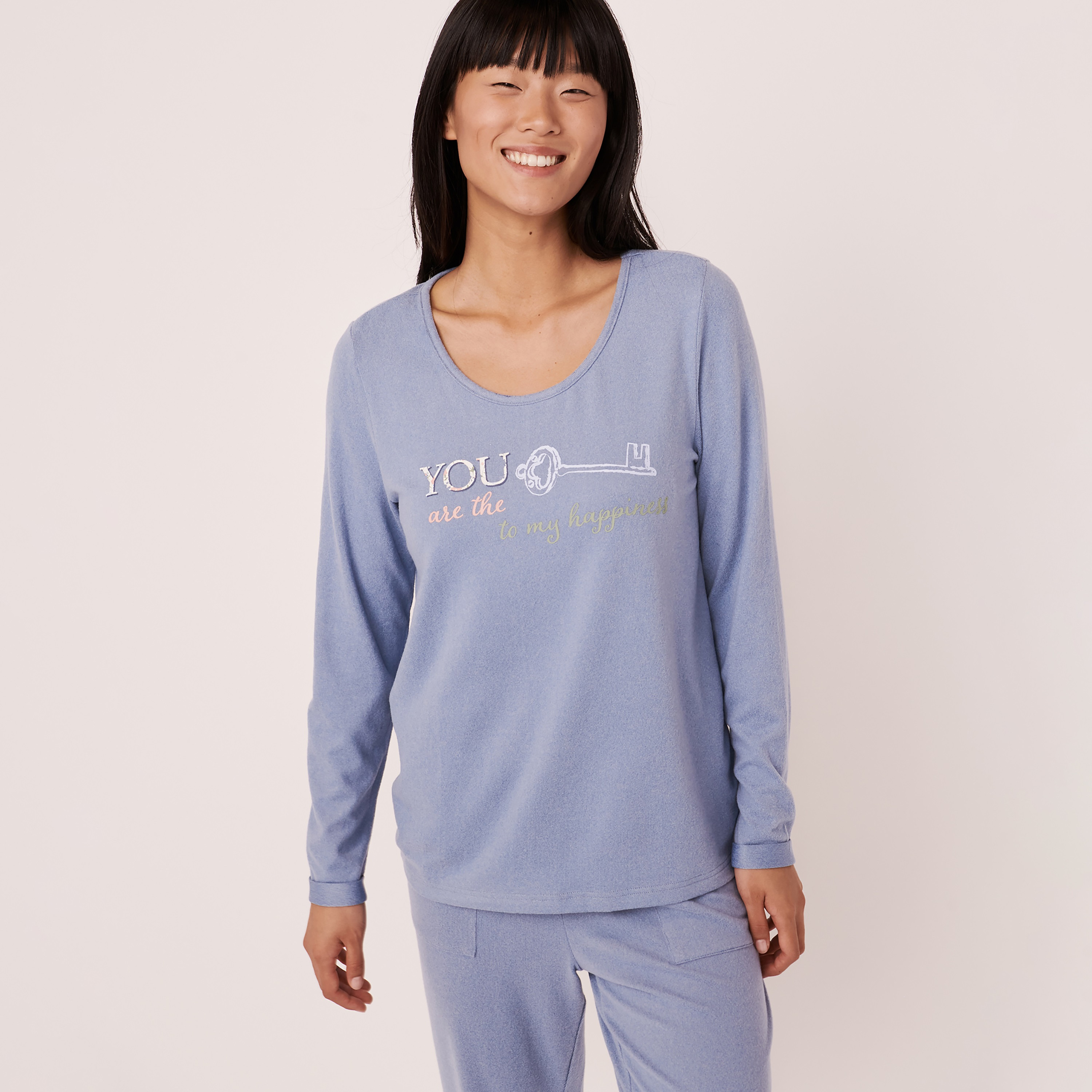 تي شيرت من لا في إن روز نسائي أزرق مطبوع بياقة مستديرة وأكمام طويلة-women-clothing-nightwear-pyjamas-tops-image-1