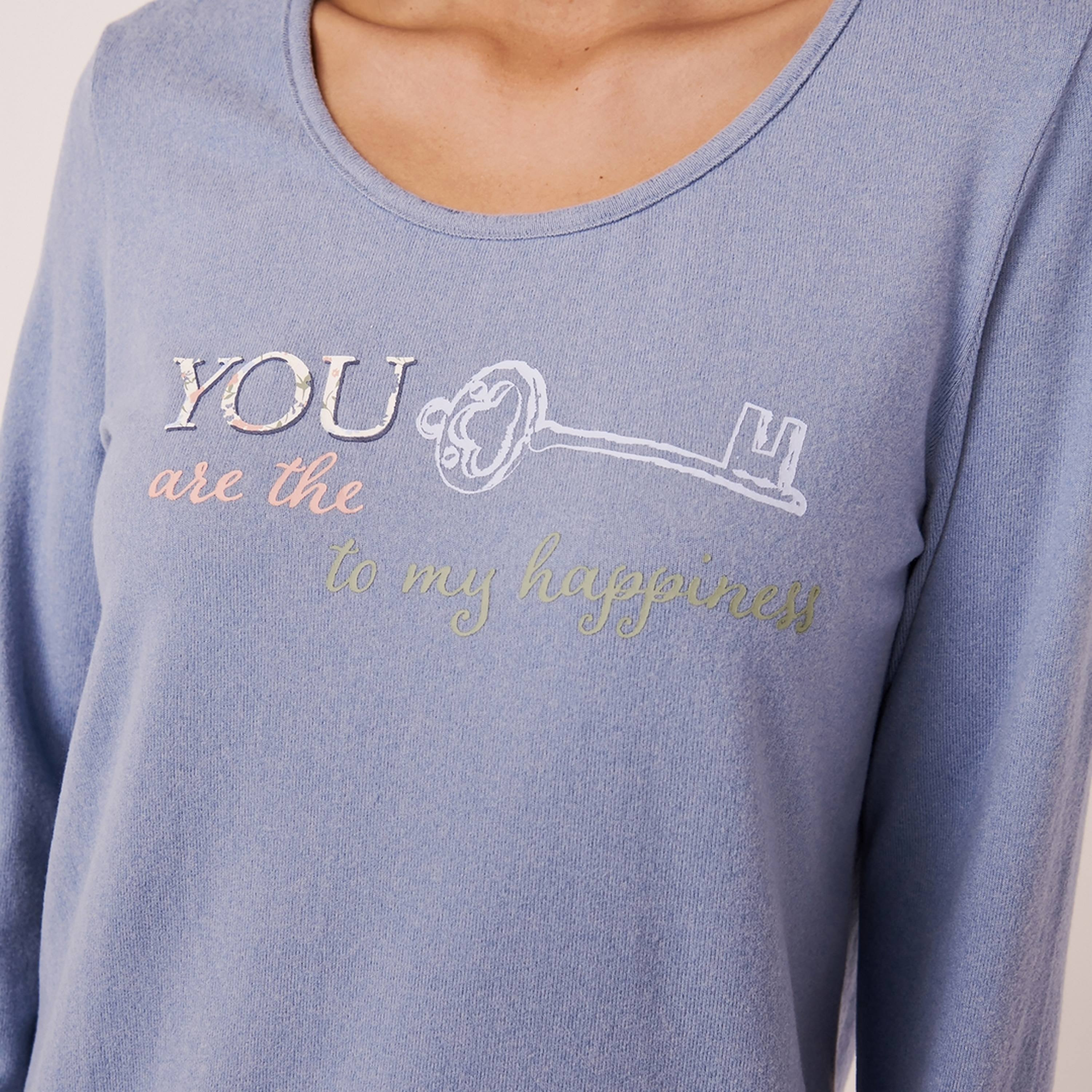تي شيرت من لا في إن روز نسائي أزرق مطبوع بياقة مستديرة وأكمام طويلة-women-clothing-nightwear-pyjamas-tops-image-2